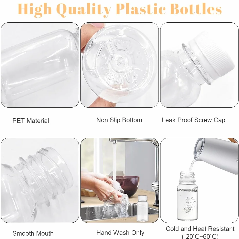 15 sztuk butelek na sok do napełniania, 100 ml, wielokrotnego użytku PET z pokrywką, mini plastikowe butelki z naklejką, butelki na sok, napoje wodne (czarne)