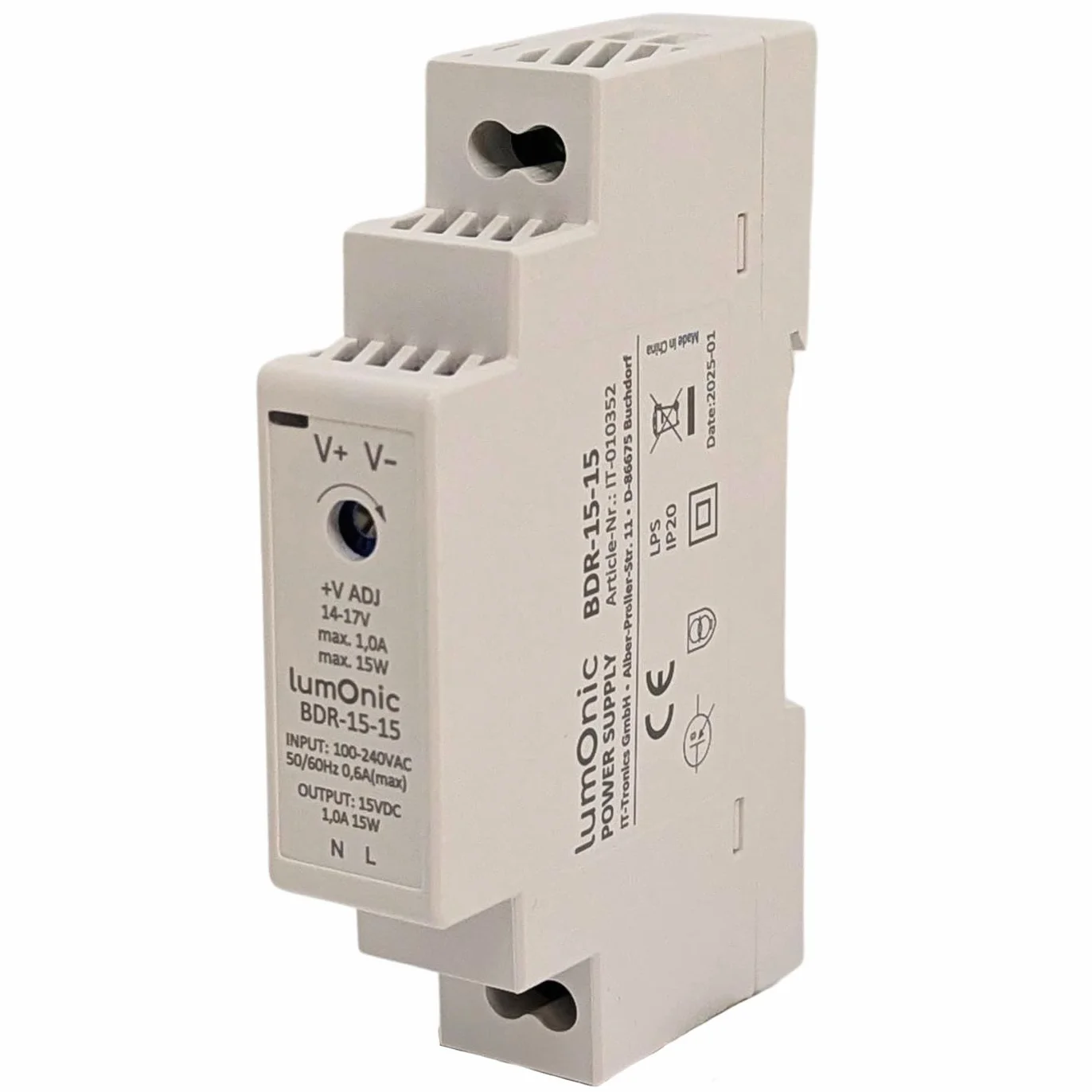 Lumonic I Zasilacz na szyne typu top-hat BDR-15-15 I 15V / 15W I Input 100-240VAC I Ochrona przed przeciazeniem I Zasilacz impulsowy na szyne DIN I Szafa sterownicza