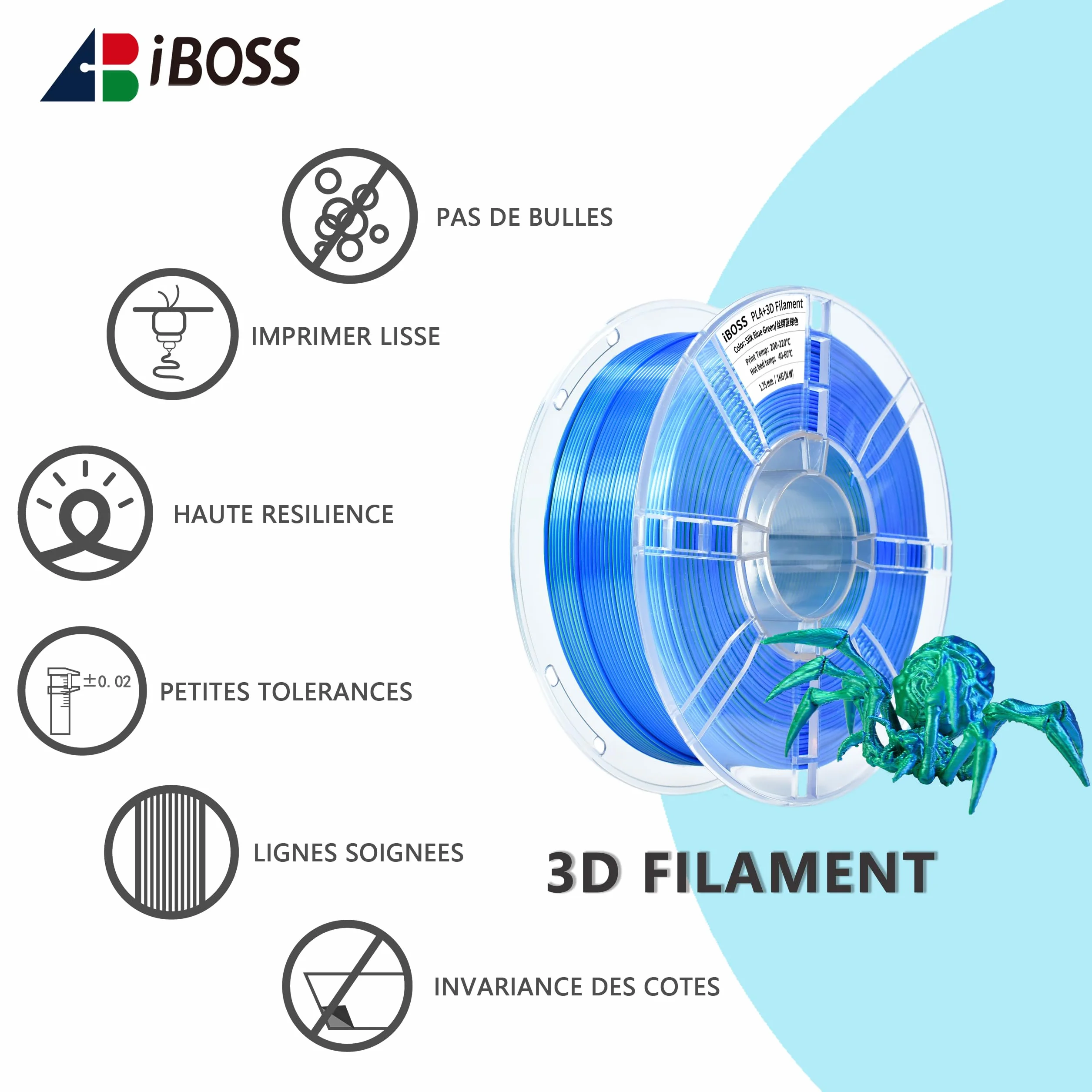 iBOSS PLA PLUS filament do drukarki 3D, 1,75 mm, dwukolorowy jedwabny filament do drukowania 3D, współwytłaczany, jedwabny, dwukolorowy, niebieski zielony