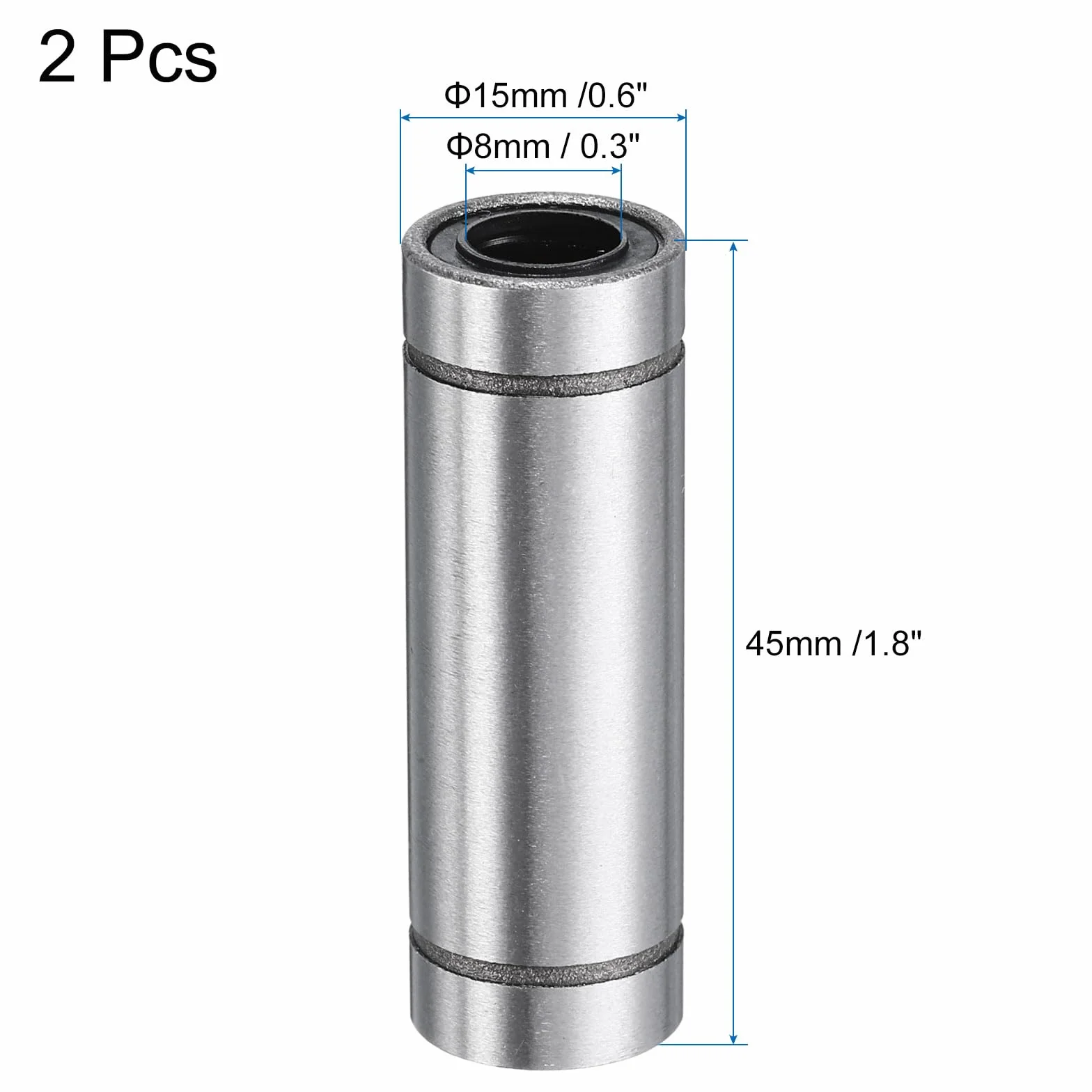 QUARKZMAN LM8LUU łożysko liniowe 8 mm, otwór 15 mm, długość OD 45 mm, liniowe łożysko kulkowe, dwustronne, uszczelnione gumowo stal łożyskowa, do maszyny CNC, drukarki 3D, maszyny do pakowania