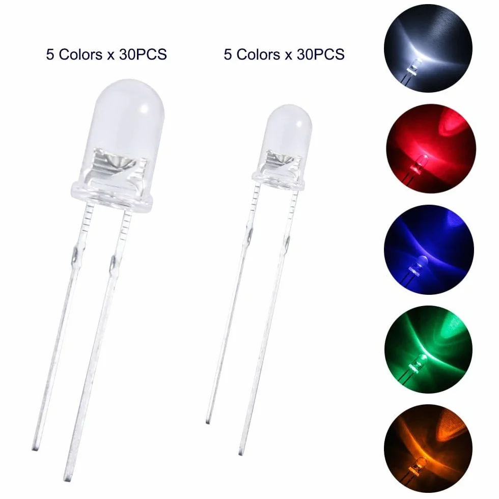 Elegoo Kolorowe diody LED 3 mm, 5 mm, różne kolory, przezroczyste, zestaw diod świecących z UV, RGB CC/CA do Arduino (zestaw 350 szt.)