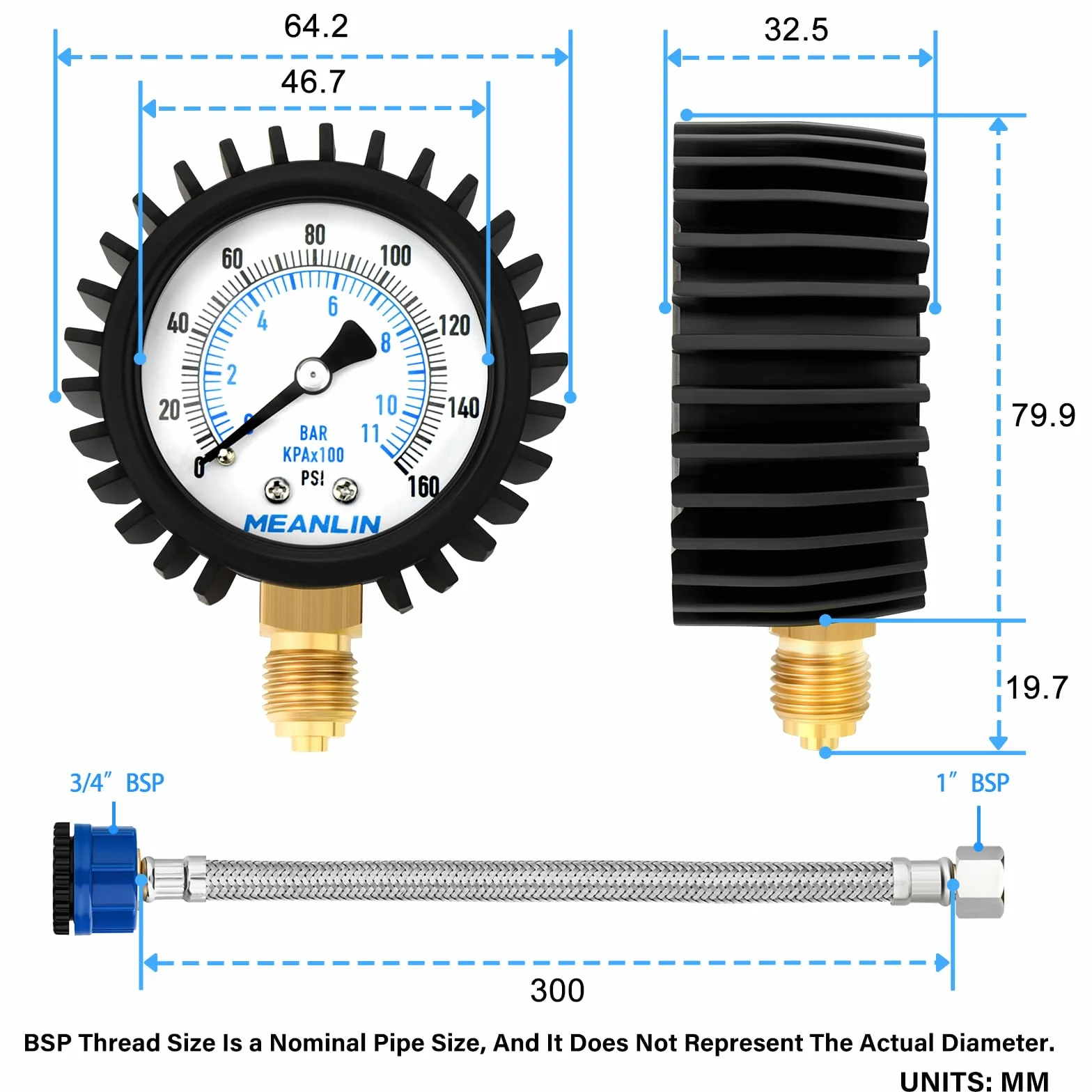 MEANLIN MEASURE 0 ~ 11Bar Manometr ciśnienia wody 2" DIAL ze stali nierdzewnej z wężem plecionym 1/2" FBSP i pierścieniem uszczelniającym do domu, ogrodu Test ciśnienia wody