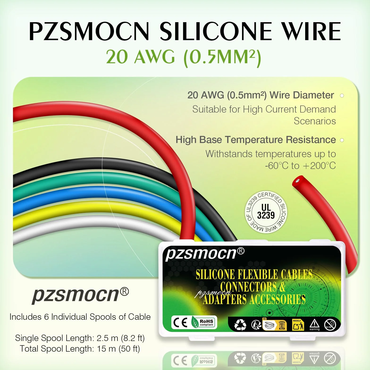Przewód silikonowy pleciony 20 AWG 0,5 mm² 15 m zestaw 6 kolorów cynkowana miedź 200°C