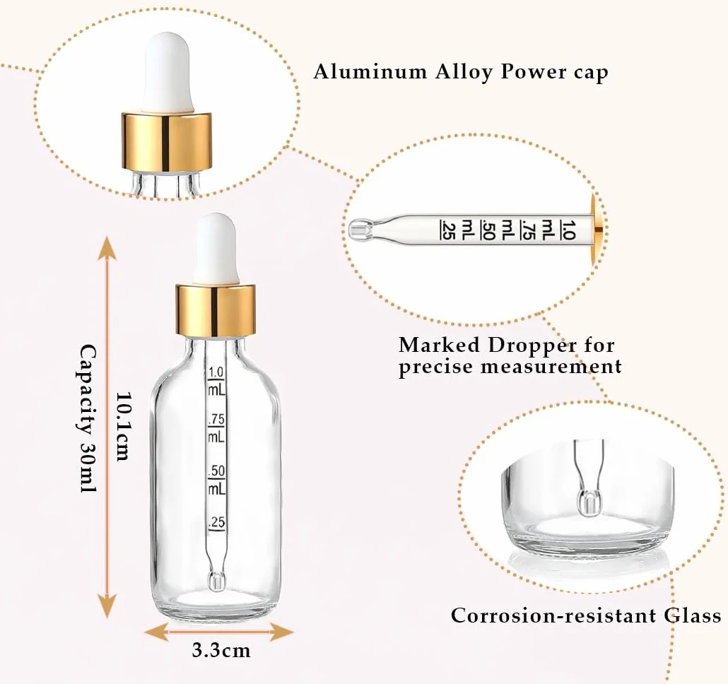 4x Butelki z pipetą 30 ml szklane przezroczyste z kroplomierzem zestaw lejek pipety etykiety do olejków eterycznych