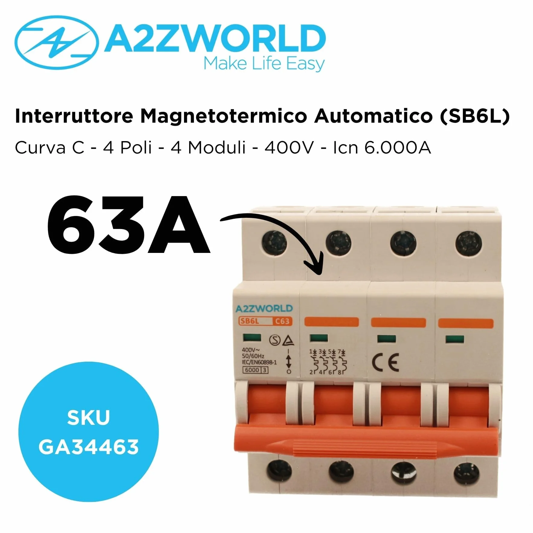 ZOREI Automatyczny wyłącznik magnetyczny, 4P 220 V i 380 V 6 kA, do jednofazowego i trójfazowego, MCB 4P C63 63A