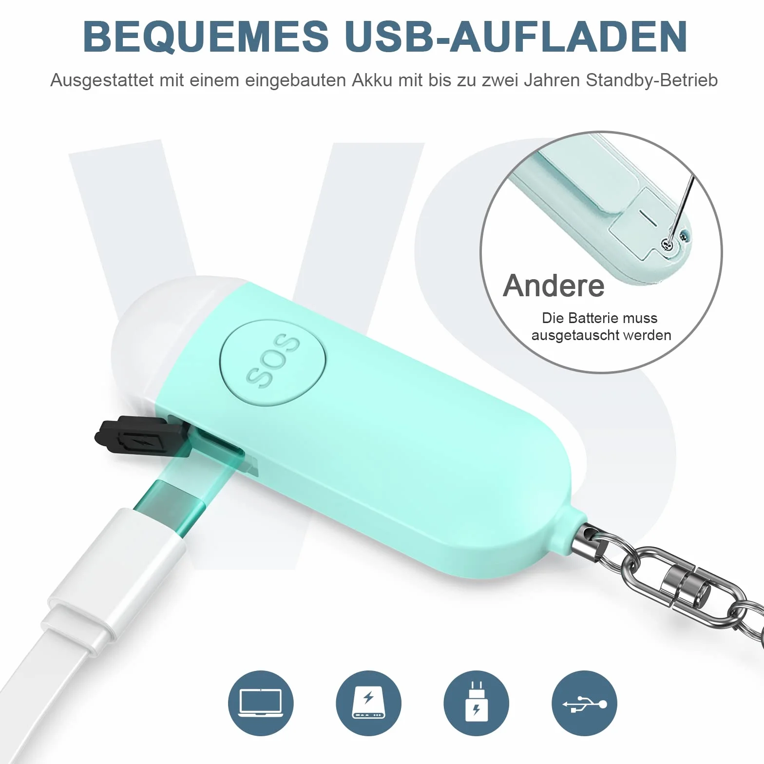 Alarm osobisty, alarm osobisty 130DB z diodami LED, alarm awaryjny dla mężczyzn, dzieci, osób starszych, niebieski, dwa opakowanie