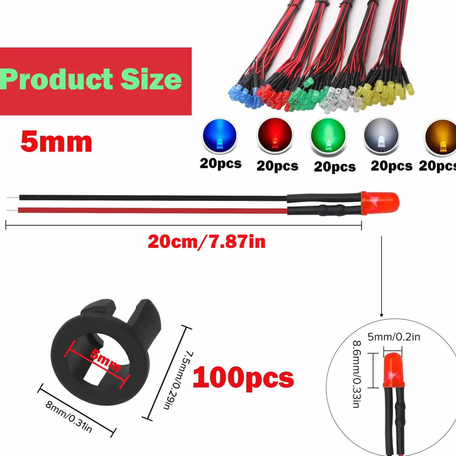 RUNCCI-YUN 100 szt. 5 mm diody LED 3V-9V-12V z kablem 12V do modelu kolejowego H0, RC modelowanie, czerwone pierścienie montażowe
