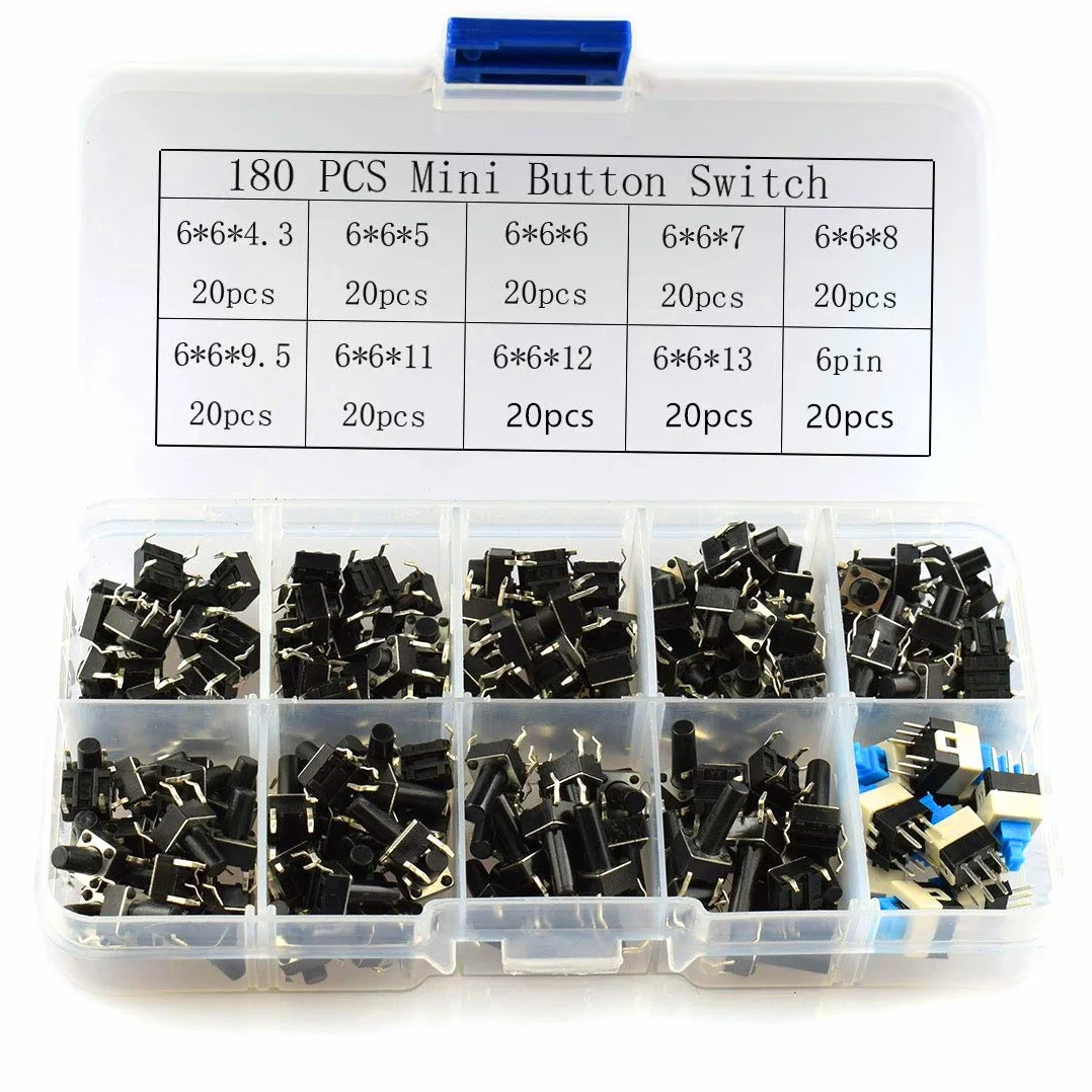 HUAYAO 200 sztuk 10 wartościowych włączników taktycznych, przełącznik przyciskowy, przycisk Micro Tactile Switch Micro Momentary Tact Set (4 pin 6 x 6 mm 7 x 7 mm)