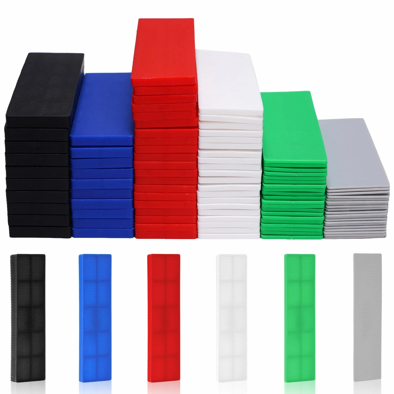 Zestaw podkładek dystansowych z tworzywa sztucznego, 100 szt. 100 x 28 mm x 1-6 mm, płaskie, wielokolorowe, podkładki dystansowe, klocki dystansowe do montażu ramy, wykładzin podłogowych