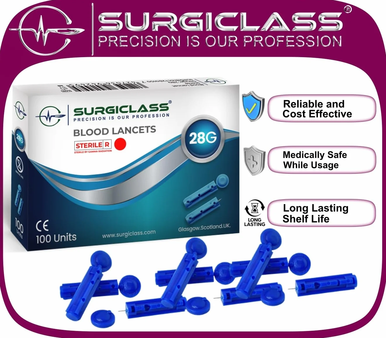 SURGIBLDLT28G100 Lancety glukozy 28 G sterylne CE 100 sztuk