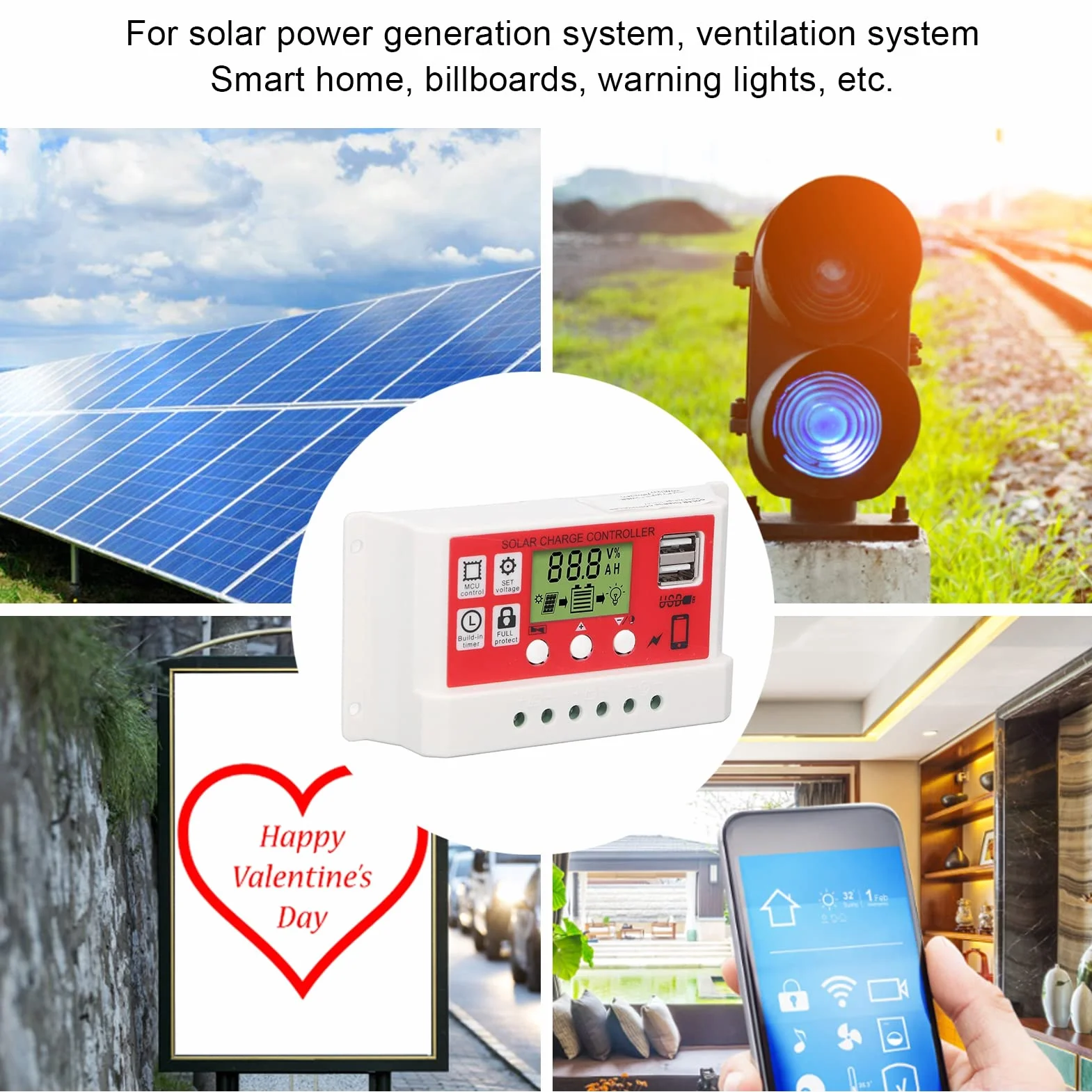 Kontroler akumulatora fotowoltaicznego, wysoka wydajność, inteligentny, 3-fazowy regulator obwodu PWM, regulator ładowania słonecznego 12 V/24 V do systemu zasilania (10 A)