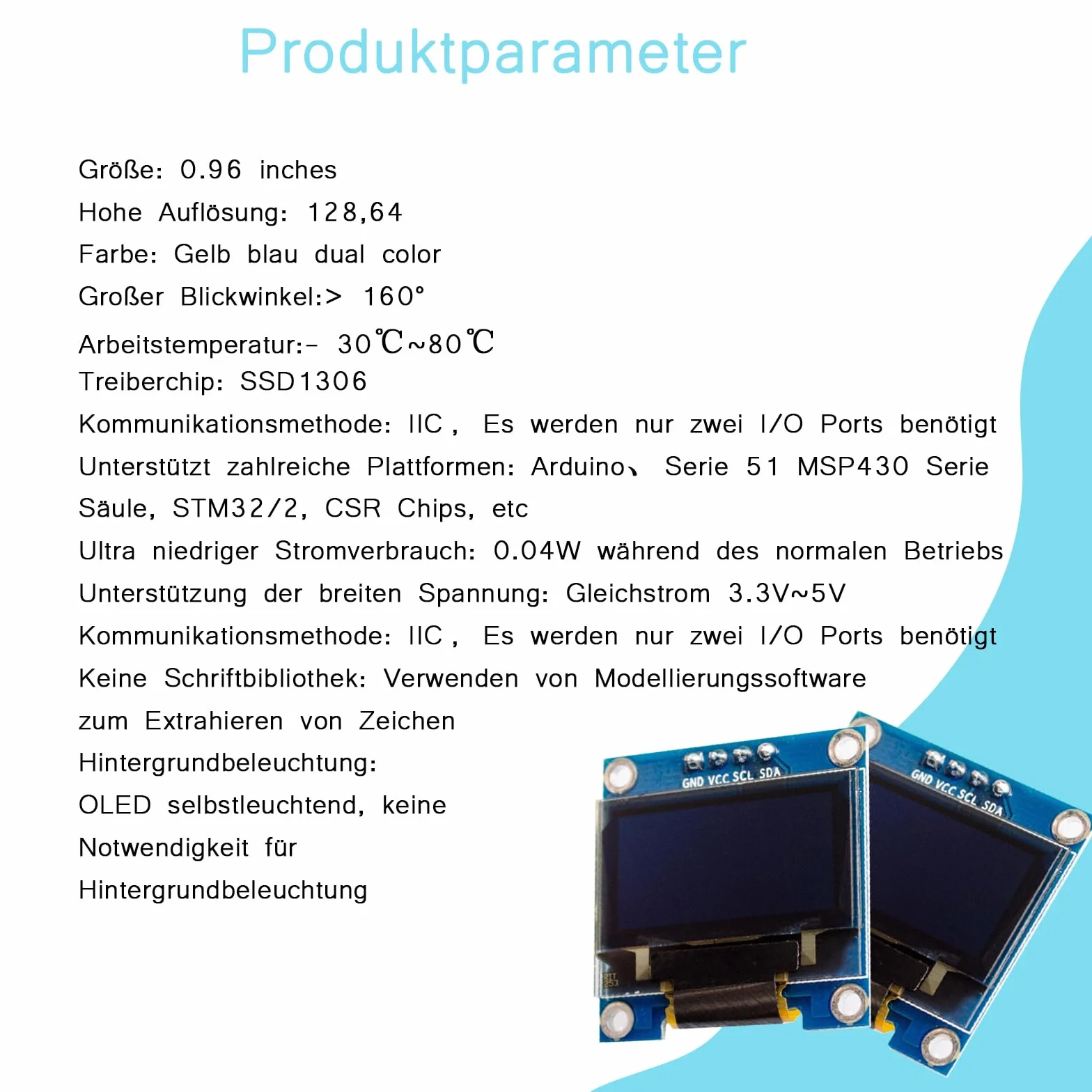 4 x wyświetlacz OLED 0,96", niebieskie znaki, I2C 128 x 64 pikseli, moduł wyświetlacza I2C, kompatybilny z Arduino Raspberry Pi