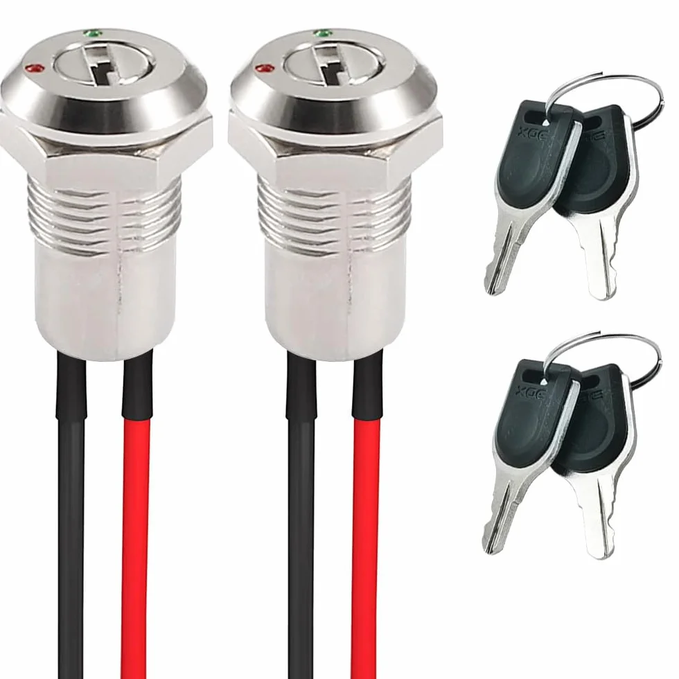 GUUZI 2 Pack 12mm wstępnie okablowany przełącznik kluczykowy, metalowy włącznik/wyłącznik blokady klucza, blokada 0-250V utrzymany zatrzaskowy przełącznik kluczykowy