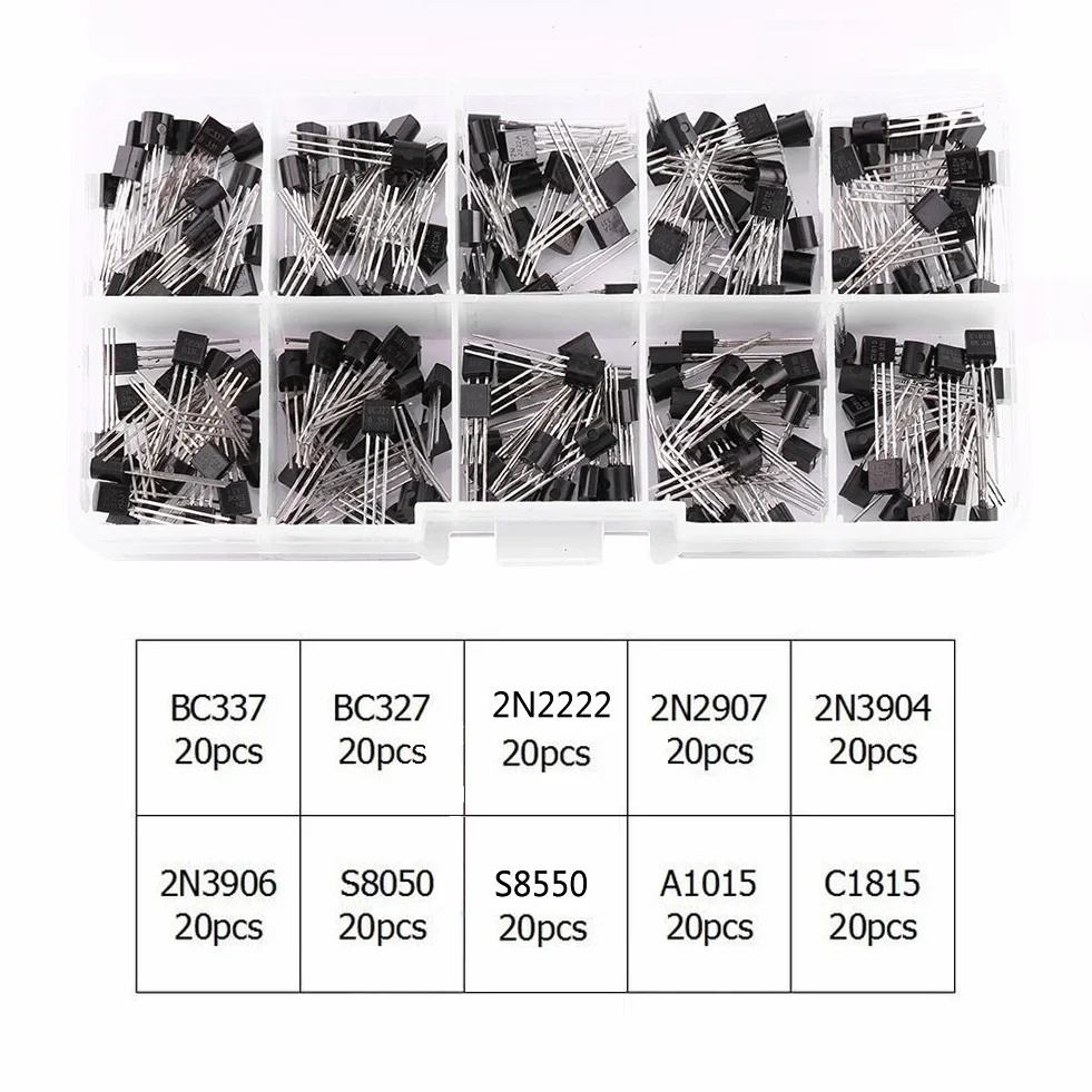 200 szt. Tranzystor Bipolar NPN Krzem z pudełkiem do przechowywania 10 modeli (BC337 BC327 2N222 2N2907 2N3904 2N3906 S8050 S8550 A1015 C1815)