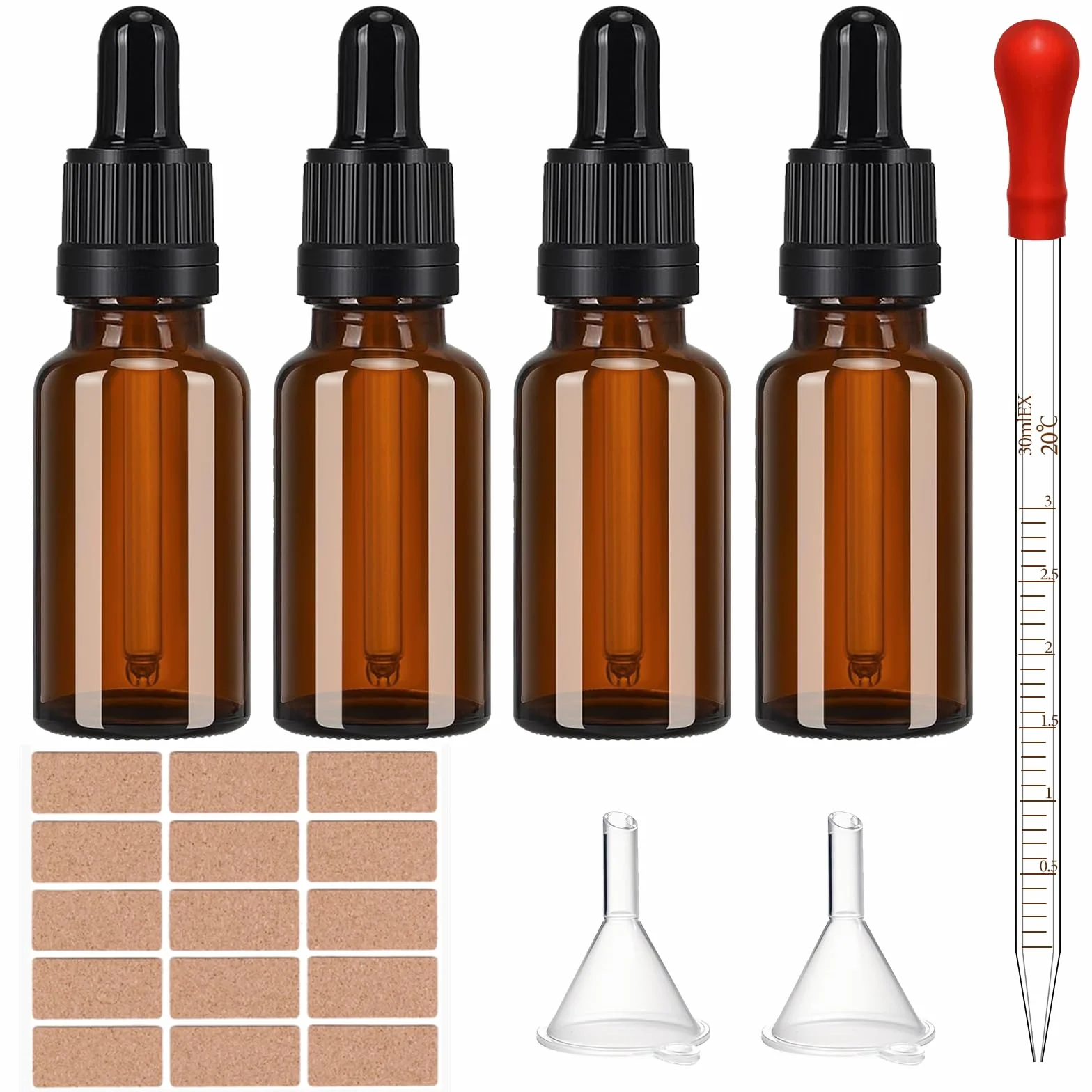 Zestaw 4 butelek do pipety ze szkła bursztynowego 10 ml z pipetą kroplową do olejków eterycznych, olejków zapachowych, płynnych barwników, aromaterapii