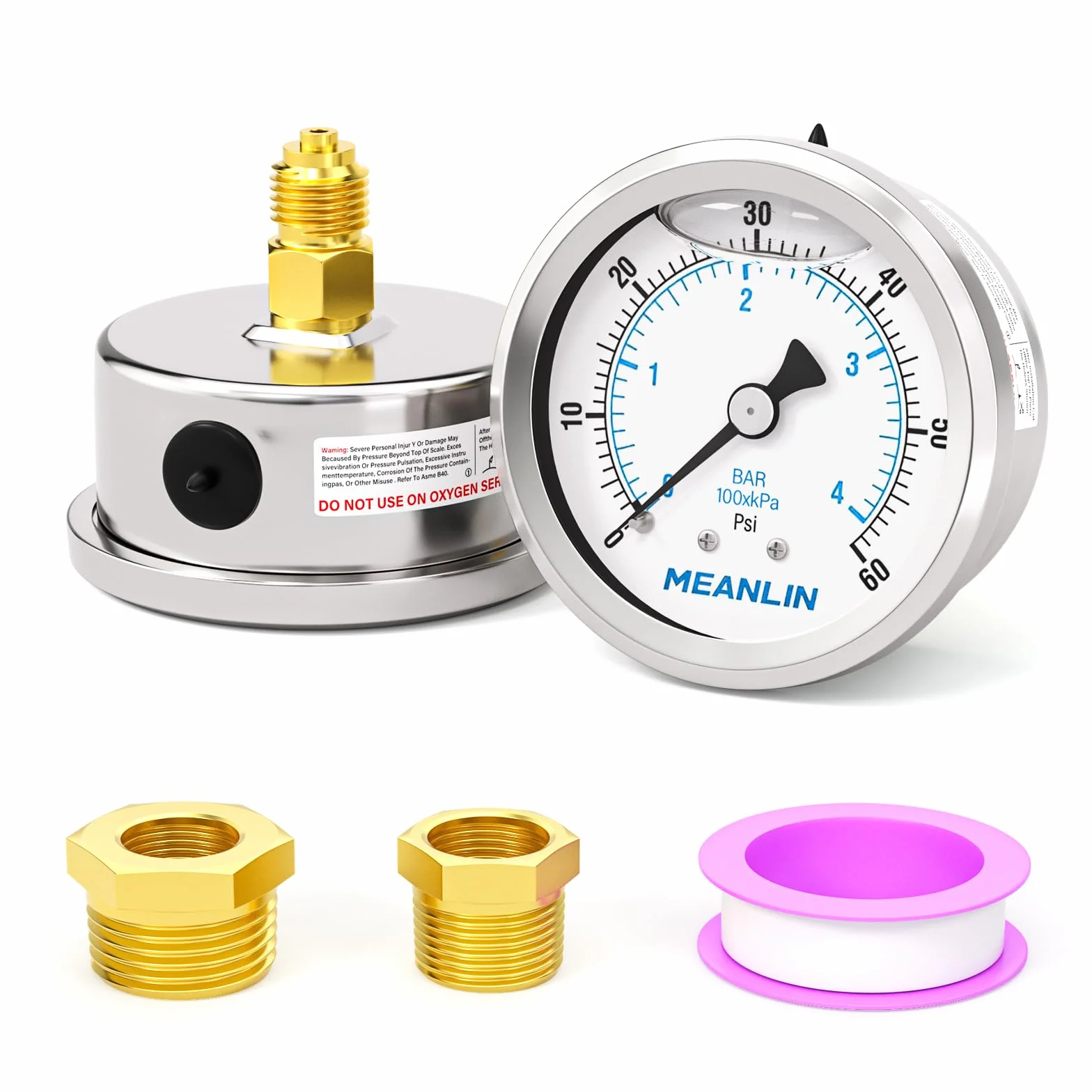 MEANLIN MEASURE 0-4BAR/0~60Psi ze stali nierdzewnej 1/4" BSP 2,5" FACE DIAL WOG uchwyt na wodę z tyłu powietrza, z 1/4" x 1/2" BSP i 1/4" x 3/8" BSP Hex Bushing
