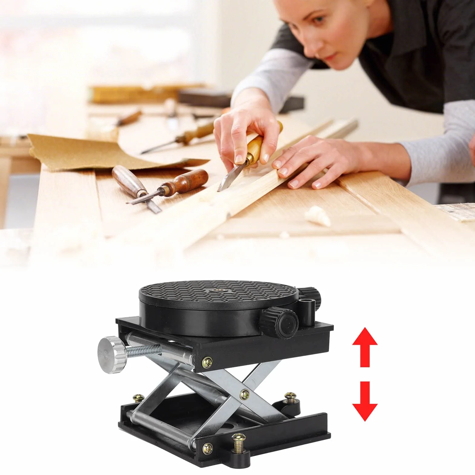 Lab Jack Scissor Stand Platforma ze Stopu Aluminium Lab Lift Stand Stół 360 ° Obrotowa Platforma Podnosząca do Obróbki Drewna Eksperyment Rzeźbienia Rozszerzalny Podnośnik Nożycowy 6,5cm