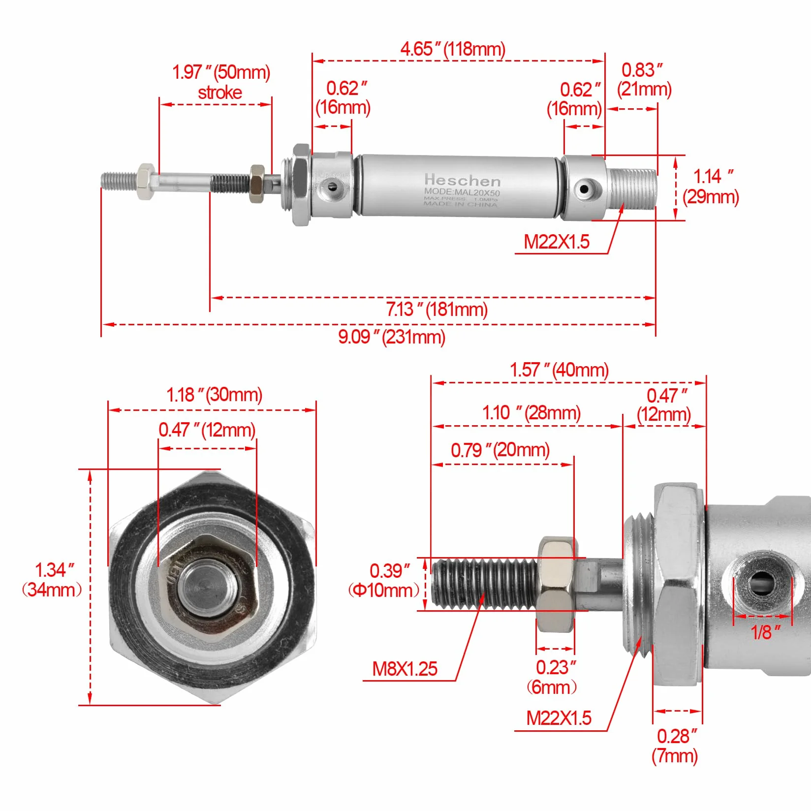 Heschen Pneumatyczny wąski cylinder powietrza, MAL 20-50, port PT1/8 cala, otwór 20 mm, skok 50 mm, dwustronne działanie