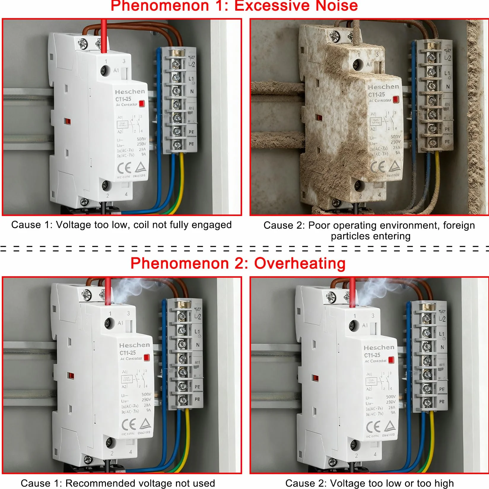 Heschen Domowy stycznik AC, CT1-25, 2-biegunowy, dwa normalnie otwarte, napięcie cewki AC 220 V/230 V, mocowanie szynowe DIN 35 mm