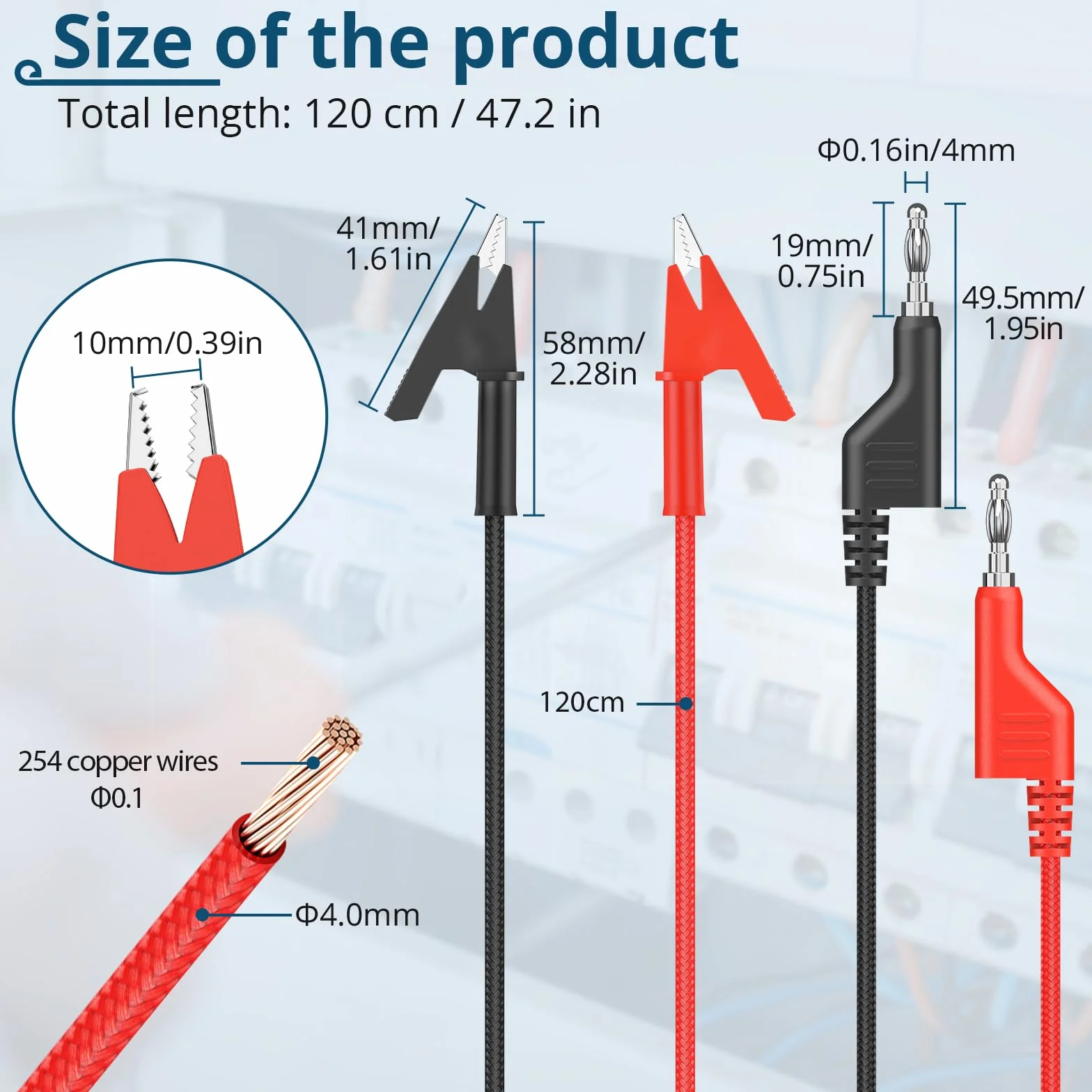 Wtyczka bananowa 4 mm na zaciski krokodylkowe, kabel pomiarowy, 1,2 m, 20 A, 1000 V, z wysokiej jakości miedzią, izolowany, do multimetru, zasilaczy, testów elektrycznych i zastosowań