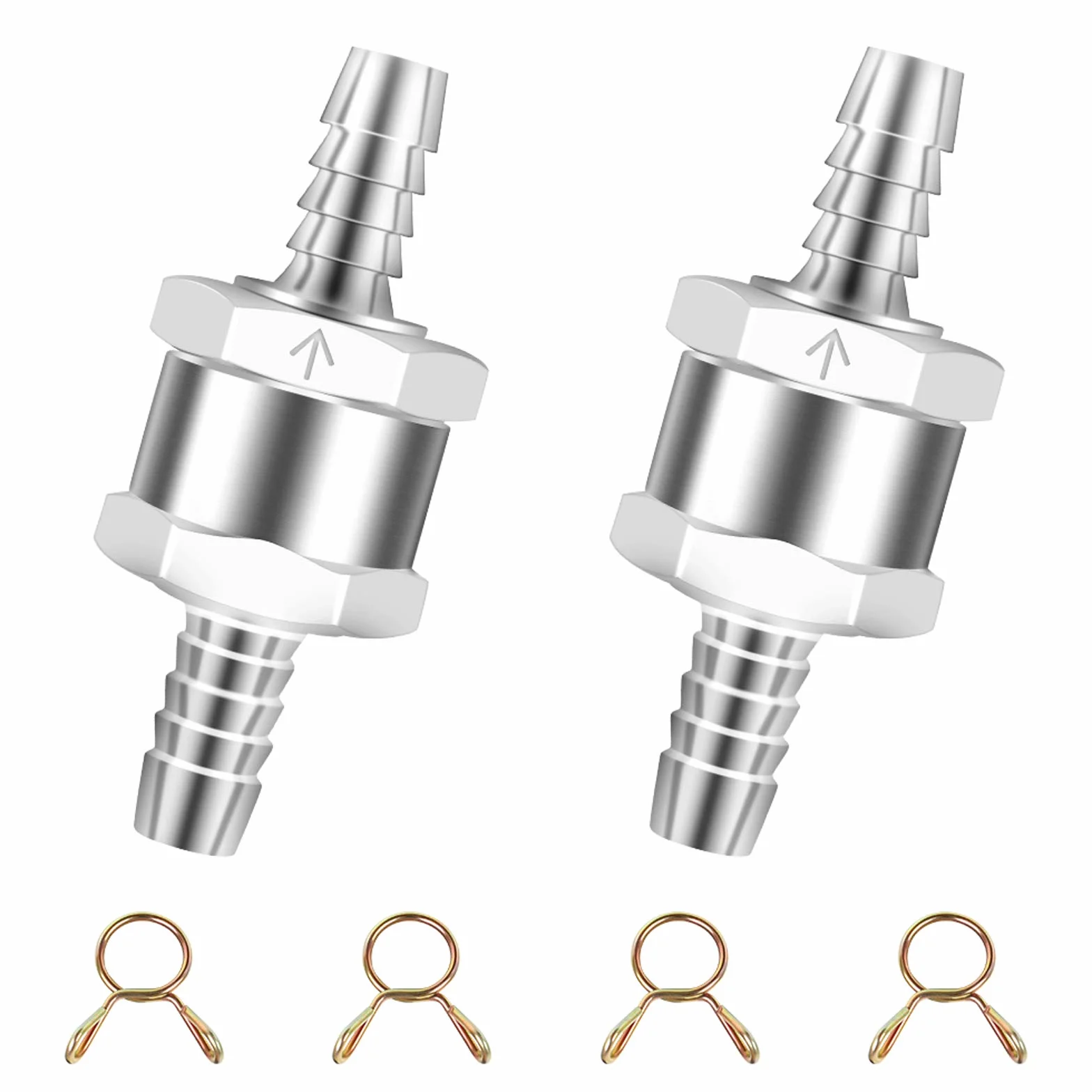 Jednokierunkowy aluminiowy zawór paliwowy 8 mm 2 sztuki zawór zwrotny paliwa z 4 zaciskami sprężynowymi rury paliwowej do systemów niskiego ciśnienia do samochodów