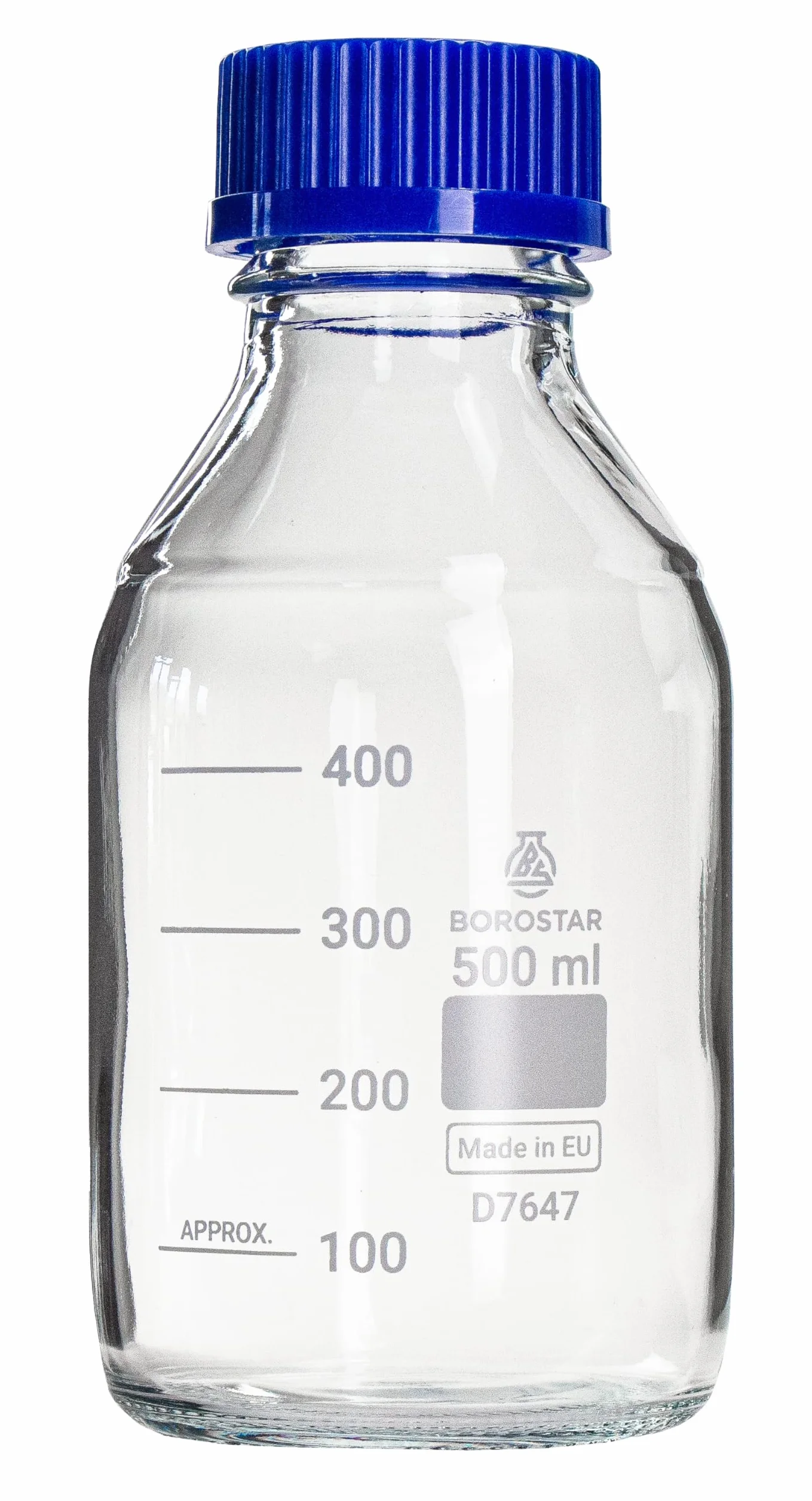 Butelka laboratoryjna (Boro 3.3), GL45, z zakrętką i pierścieniem do nalewania PP, niebieska, 500 ml