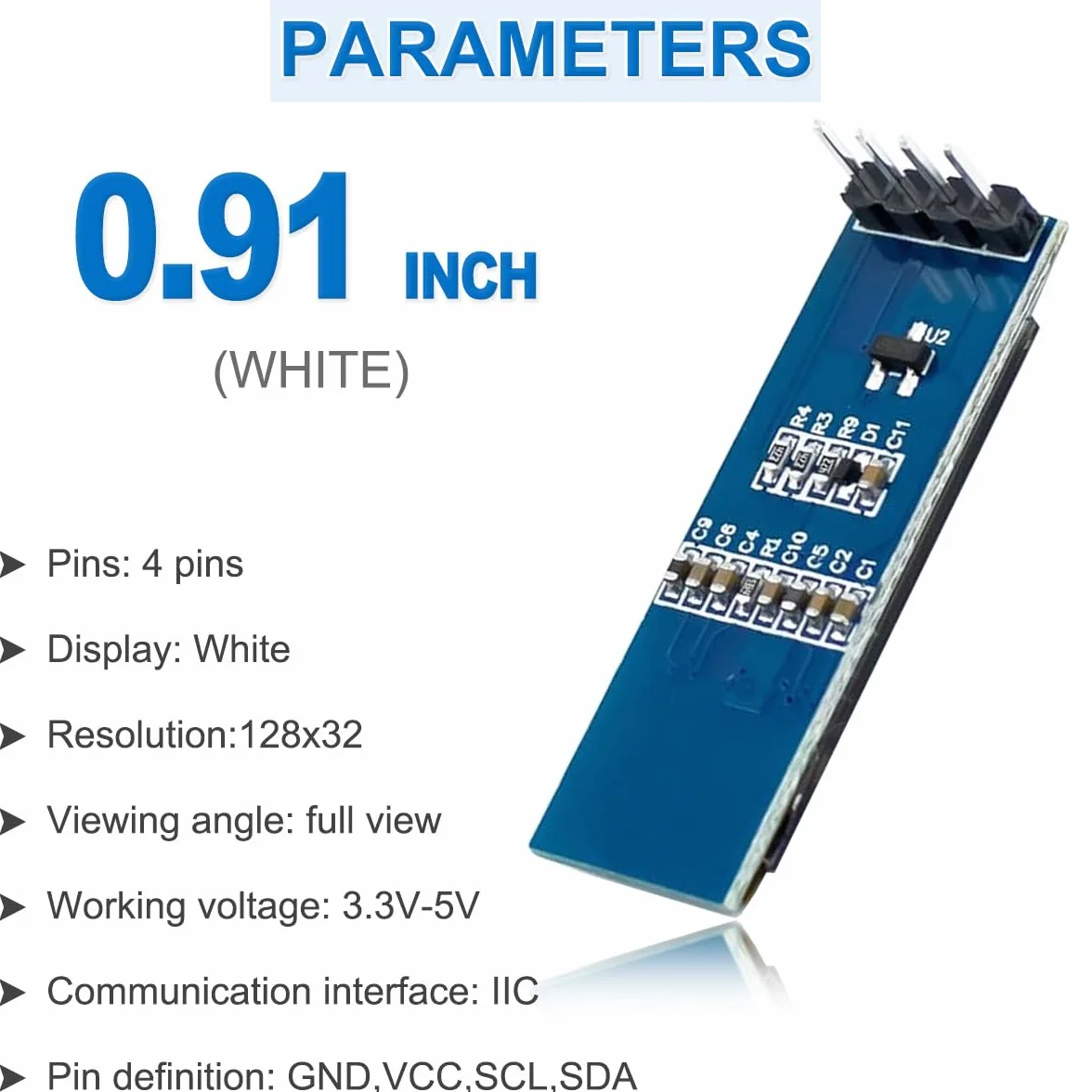 Wyświetlacz OLED 0,91", 128 x 32 piksele, I2C OLED, moduł wyświetlacza, sterownik, mały moduł DC 3,3 V do 5 V, białe znaki, kompatybilny z Arduino (5 sztuk)