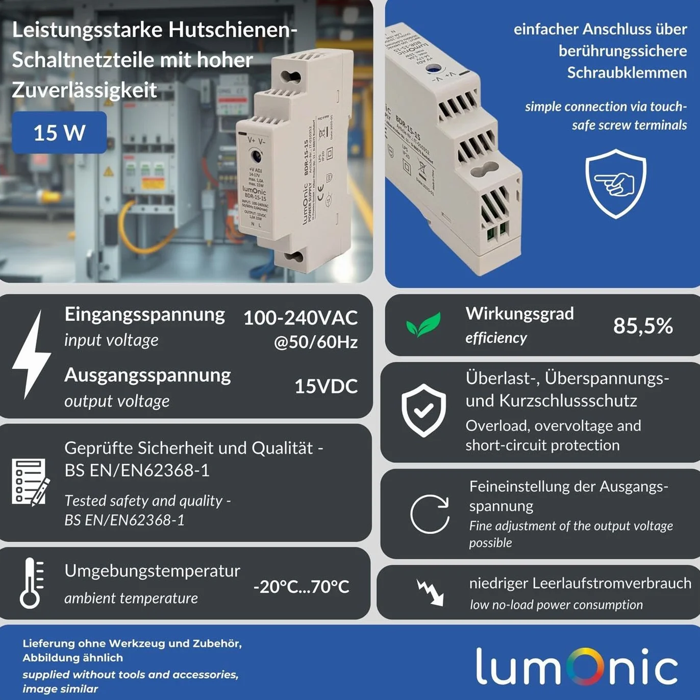 Lumonic I Zasilacz na szyne typu top-hat BDR-15-15 I 15V / 15W I Input 100-240VAC I Ochrona przed przeciazeniem I Zasilacz impulsowy na szyne DIN I Szafa sterownicza