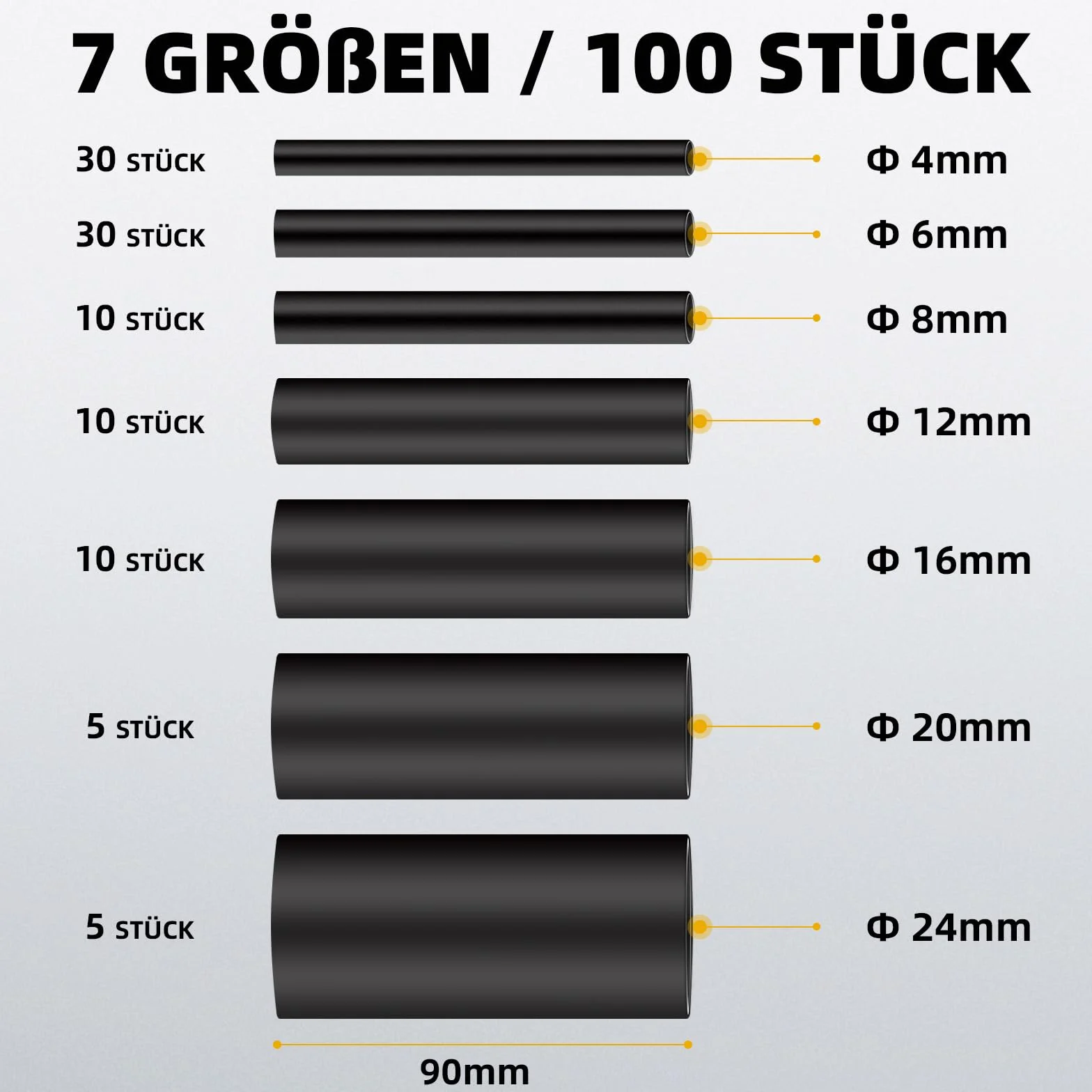Fosdaling Zestaw węży termokurczliwych, 90 mm, ekstra długie węże termokurczliwe 4:1, wodoodporne, z klejem, asortyment Heat Shrink Tube (7 rozmiarów, czarne)