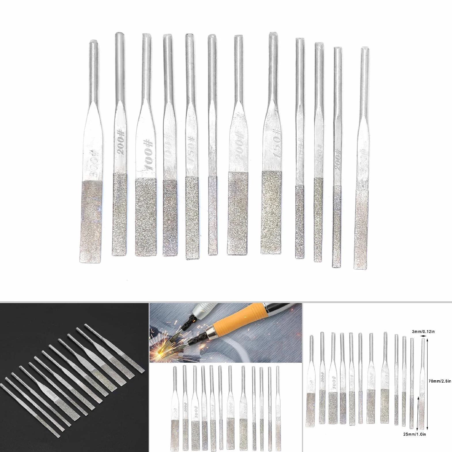 Zestaw Pilników Diamentowych 12 szt. 3 mm do Metalu Stali Szlifowania Tłokowego