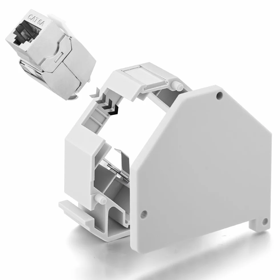 Panel montażowy modułu wspornika na szynę DIN 35 mm z modułami Keystone CAT6A – zawiera 2 x moduł CAT6A nie jest dołączony do szyny DIN
