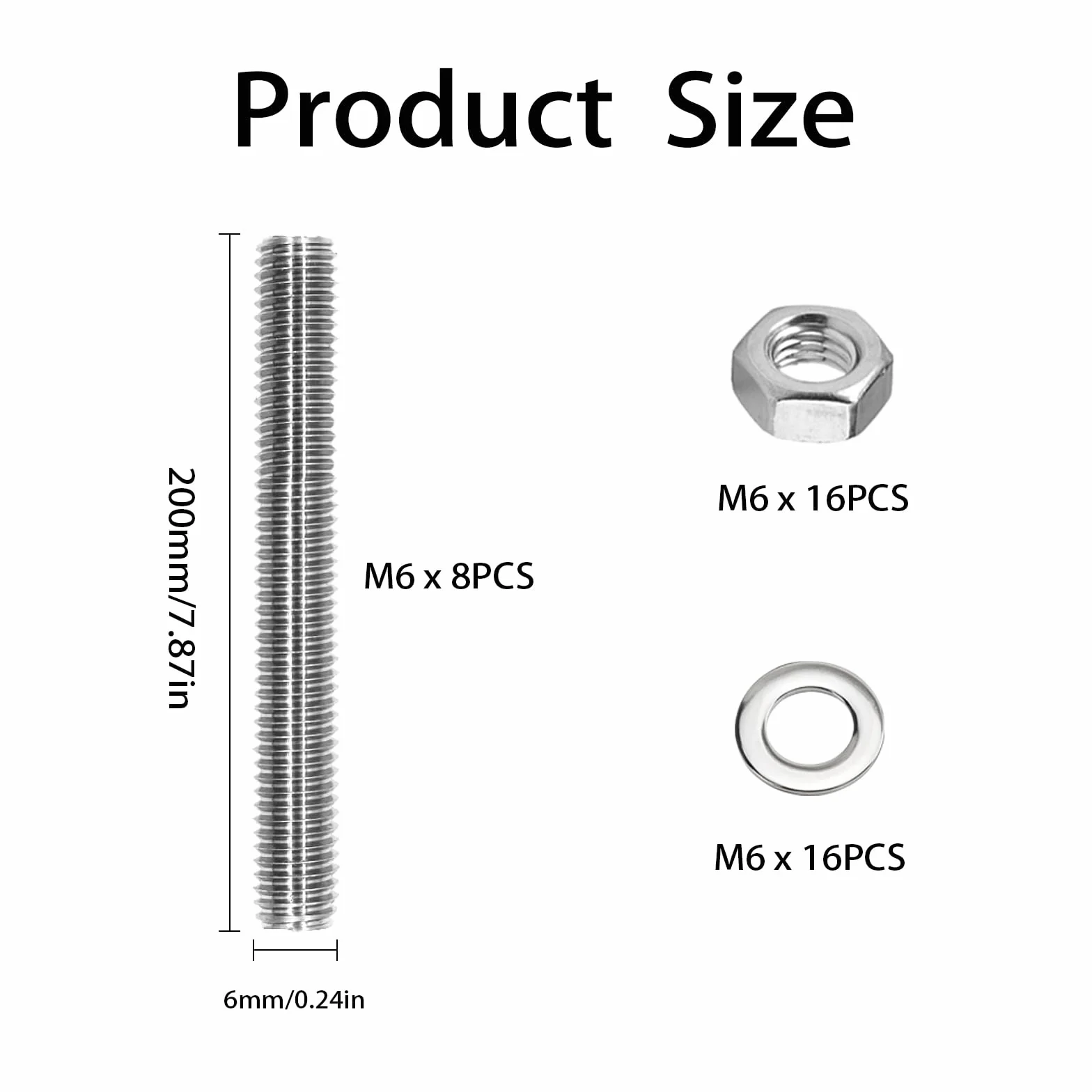 Pręty gwintowane M6 x 200 mm ze stali nierdzewnej, 8 sztuk z nakrętkami i podkładkami