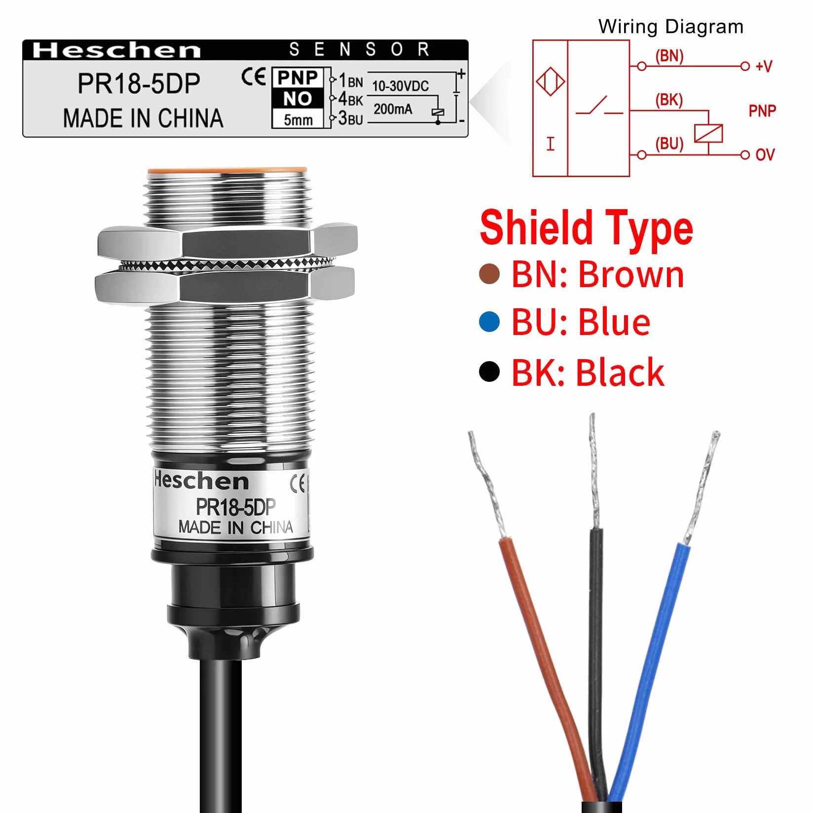Heschen Indukcyjny czujnik zbliżeniowy PR18-5DP typ cylindryczny, czujnik 5 mm, okrągły M18, 12-24 VDC 3-przewodowy, ekranowany, PNP, NO(normalnie otwarty) CE