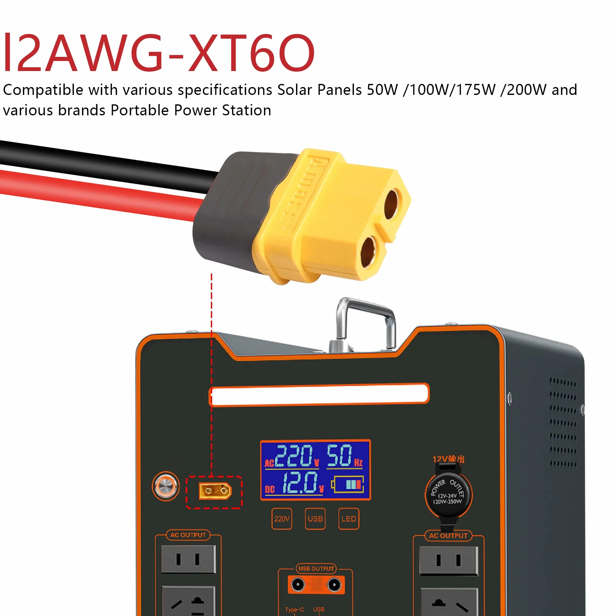 YAODHAOD Panel słoneczny z wtyczką XT60 i gniazdem 12AWG do generatora solarnego