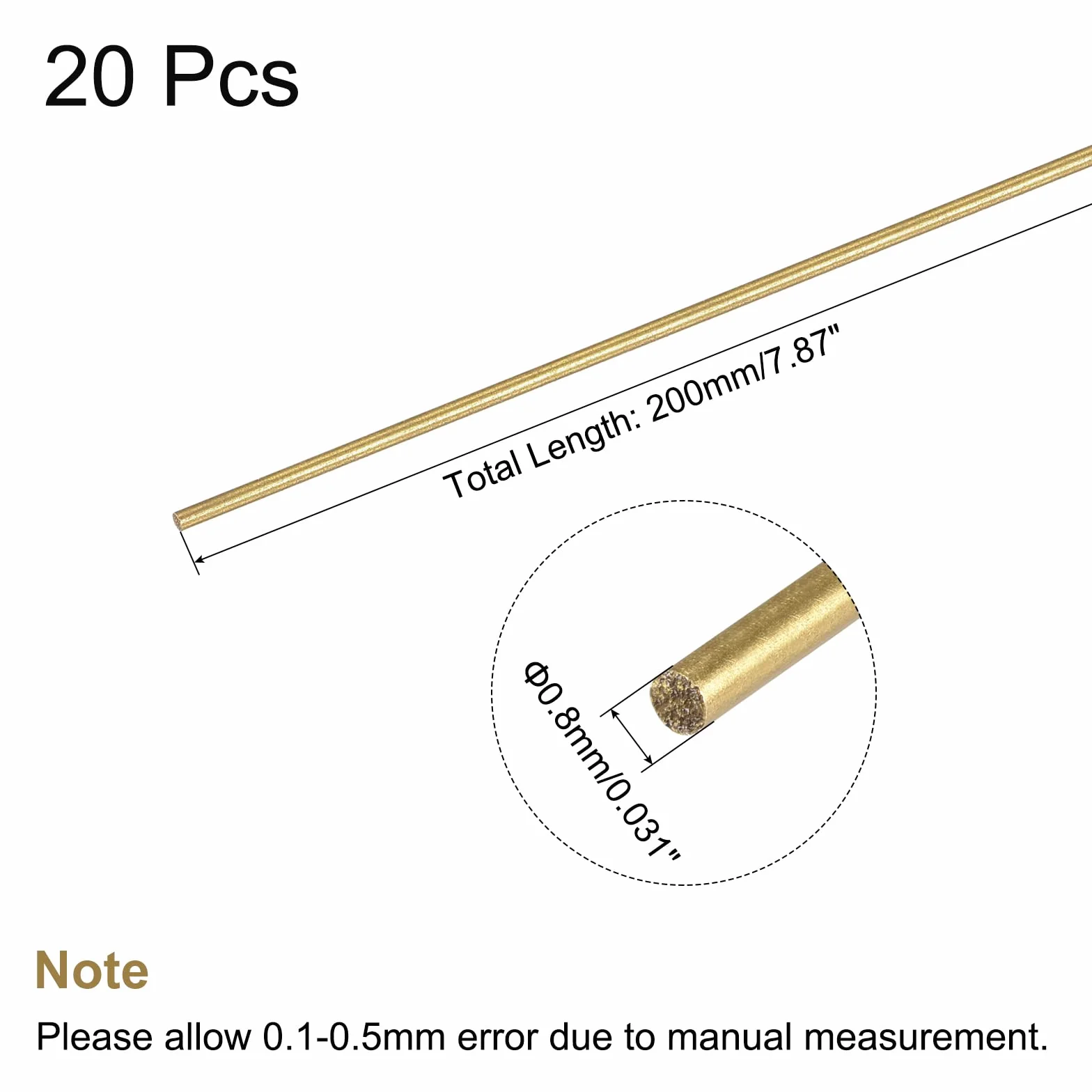 sourcing map Mosiądz, mosiądz, solidny okrągły trzonek 0,8 mm średnica 200 mm długość tokarki sztanga dla RC model DIY Craft Pack 20 szt
