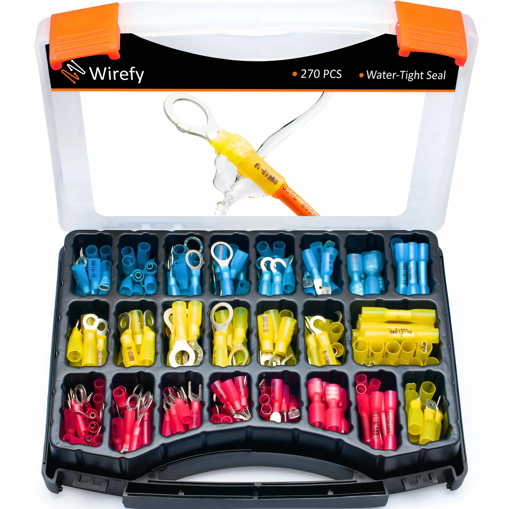 Wirefy Heat Shrink Wire Connectors Kit - Marine Grade Electrical Connectors - Automotive Butt Connectors - Insulated Ring, Spade, Fork, Hook Crimp Terminals - 22-10 Gauge - 270 PCS