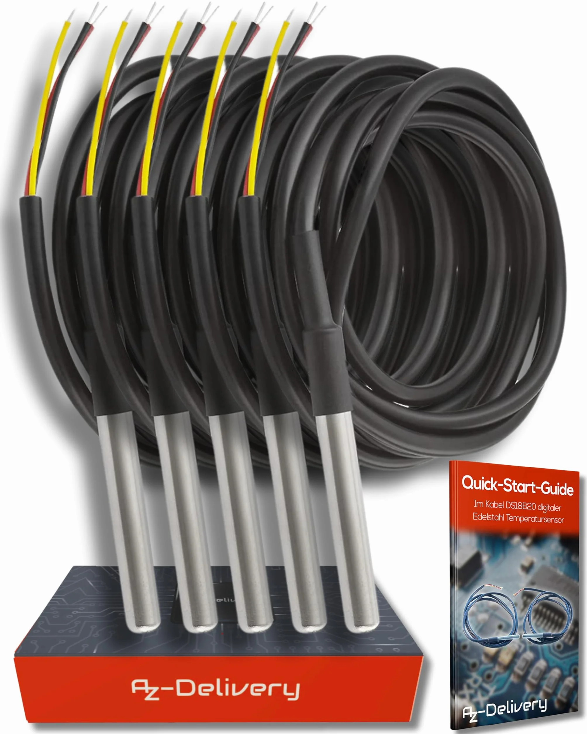 AZDelivery 5 x 1M kabel DS18B20 cyfrowy czujnik temperatury ze stali nierdzewnej sonda temperatury, wodoodporny kompatybilny z Arduino i Raspberry Pi w tym e-book!