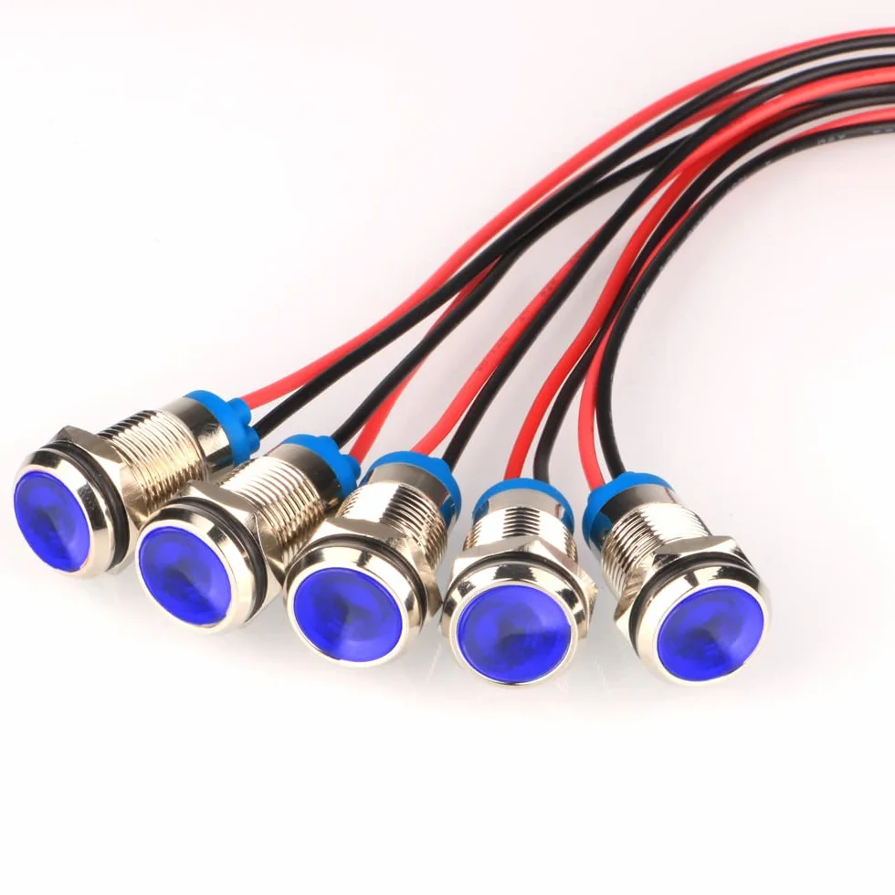 Gebildet 5Szt. 10mm AC/DC 12-24V Energooszczędna Dioda Led Metalowy Wskaźnik Świetlny Wodoodporna Lampka Sygnalizacyjna Z Przewodem (Niebieska)