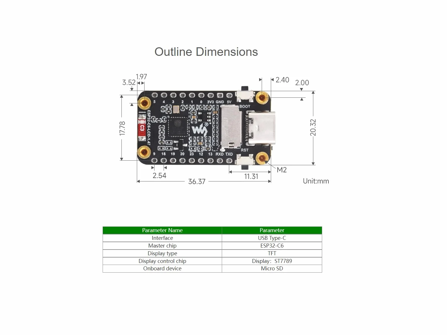 ESP32-C6 3.7 cm płyta rozwojowa wyświetlacza c 172 × 320 rozdzielczość 262 K kolorowy ekran LCD, obsługuje WiFi 6 i Bluetooth, z kolorowymi diodami LED RGB