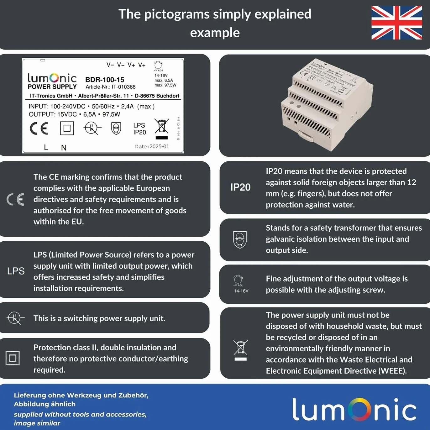 Lumonic I Zasilacz na szyne typu top-hat BDR-15-15 I 15V / 15W I Input 100-240VAC I Ochrona przed przeciazeniem I Zasilacz impulsowy na szyne DIN I Szafa sterownicza