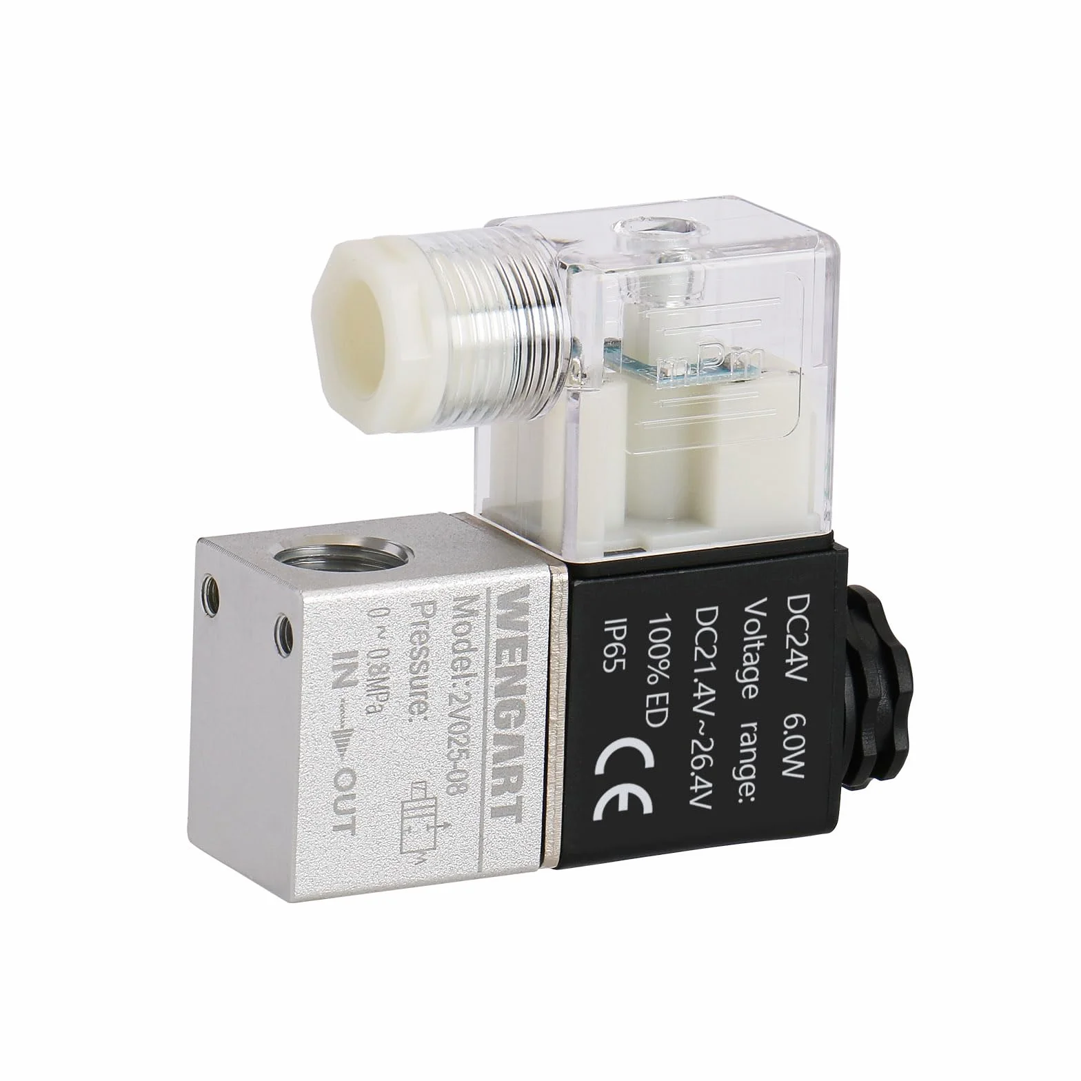 Wengart Pneumatyczny zawór elektromagnetyczny 1/4" PT 2V025-08, pojedyncza cewka, sterowany pilotem elektryczny, 2-pozycyjny, 2-drożny do wydajnego sterowania elektromagnetycznego (gniazdo DC24V/DIN)