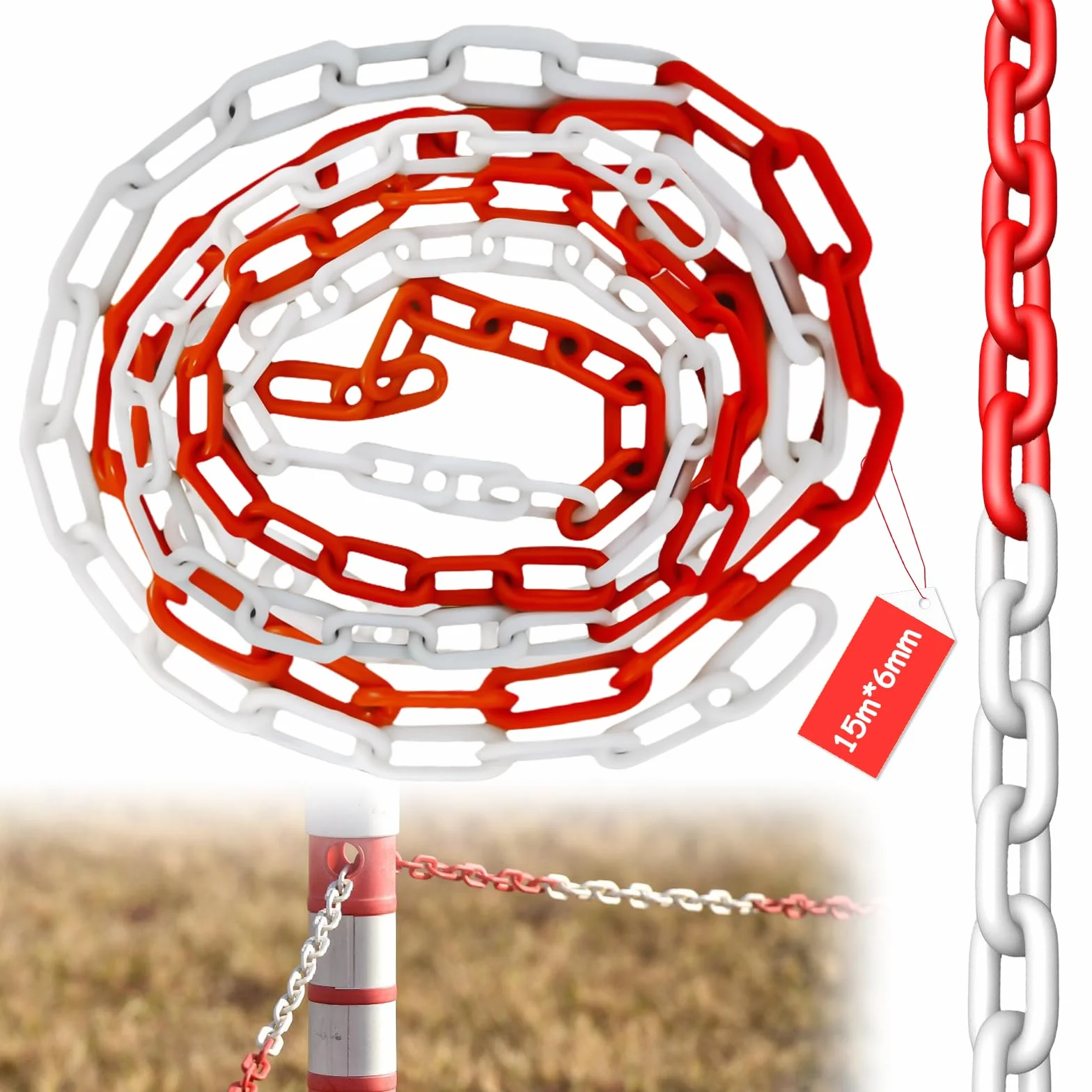 Łańcuch odcinający z tworzywa sztucznego, 15 m x 6 mm, łańcuch odgradzający, czerwony, biały, tworzywo sztuczne, łańcuch ostrzegawczy, plastikowy łańcuch ogniwowy, bezpieczeństwo parkingowe, budowa
