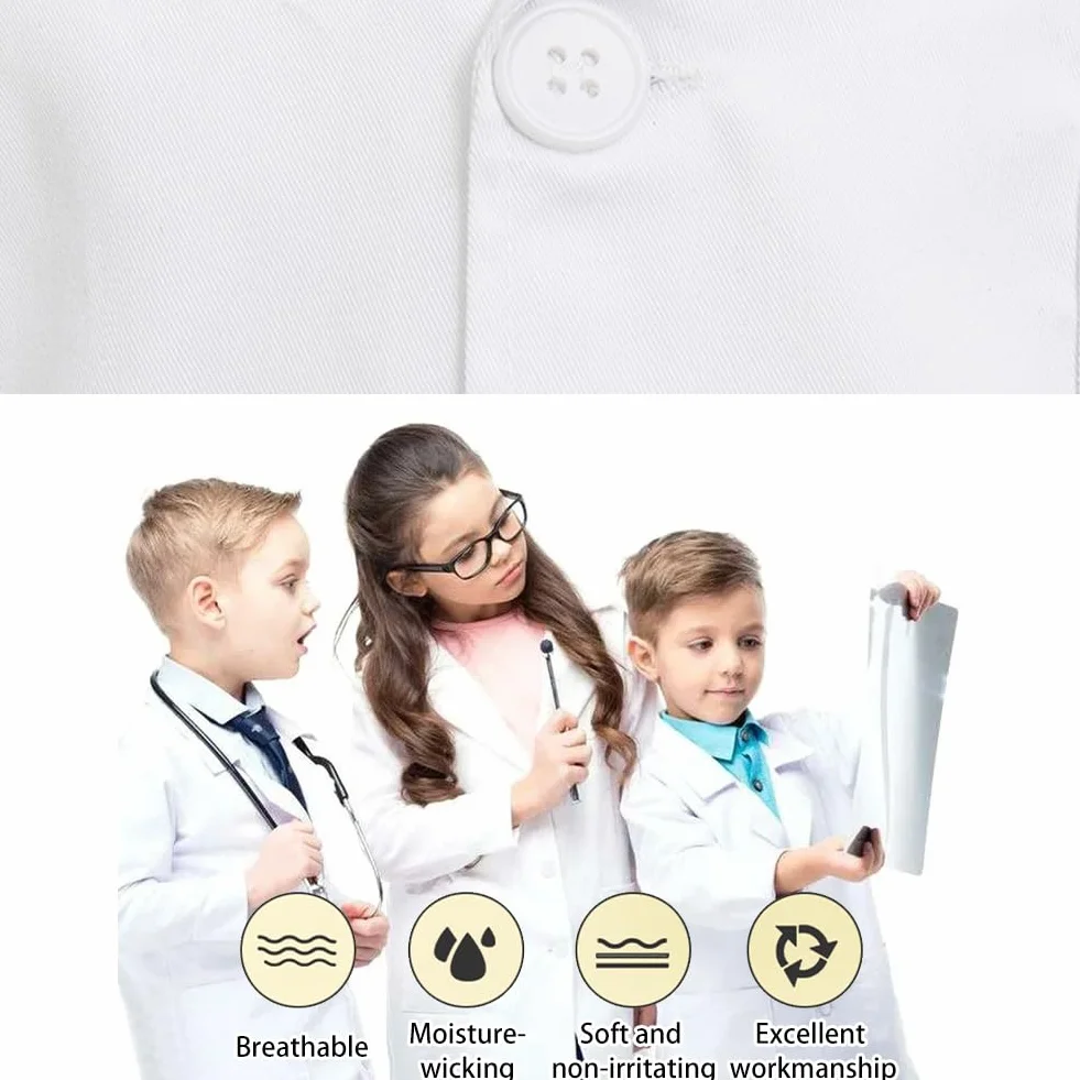 Comioke Fartuch lekarski dla dzieci, bawełna, fartuch laboratoryjny, dla dzieci, chłopców, dziewczynek, chemia, płaszcz laboratoryjny, długi rękaw, fartuch, biały kostium lekarza, płaszcz dla uczniów