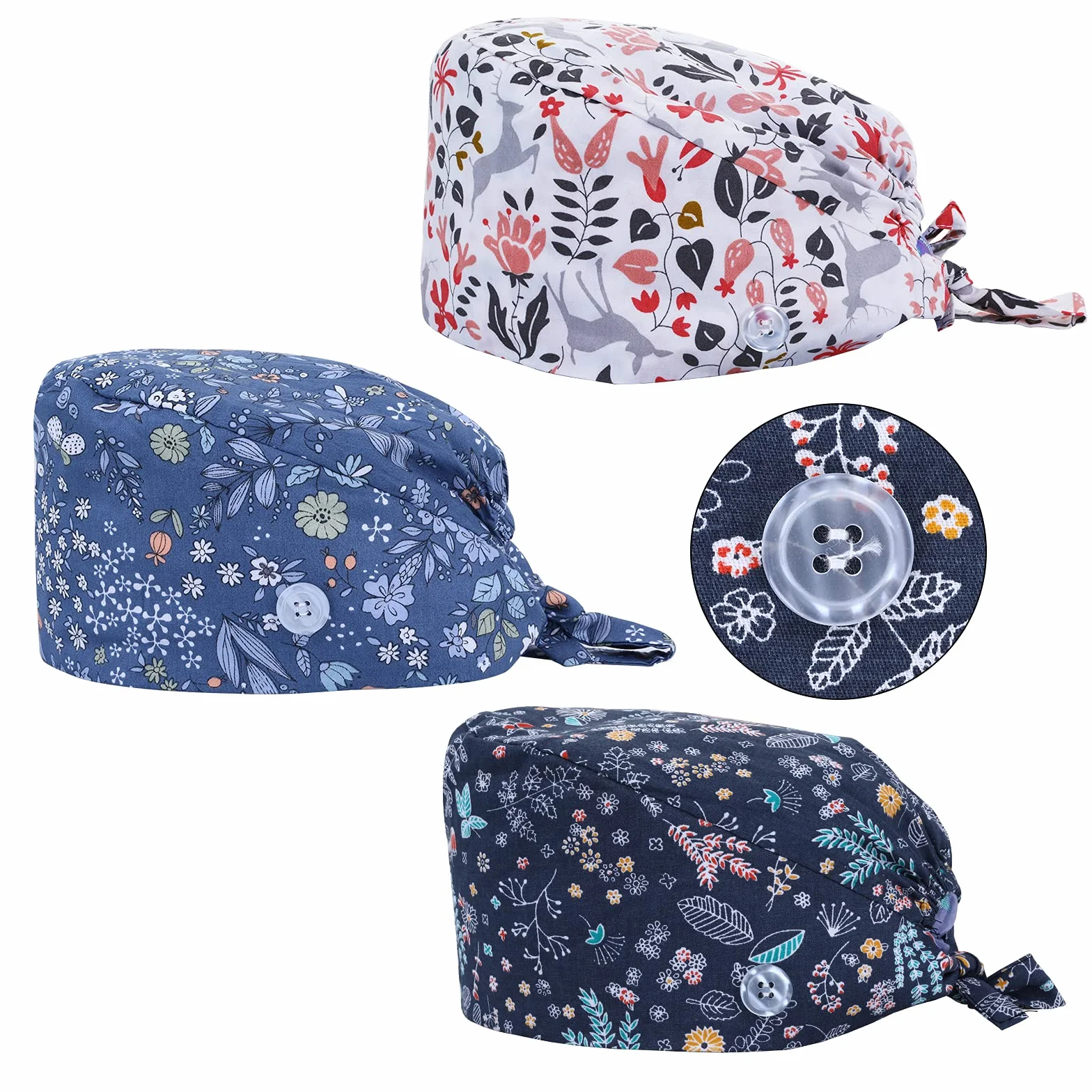Aster 3-częściowy zestaw czapek do peelingu, czapka z nadrukiem, czapka z daszkiem, czapka robocza, wiązana na plecach, regulowana absorpcja potu, osłona włosów z guzikami, opaska przeciwpotna dla