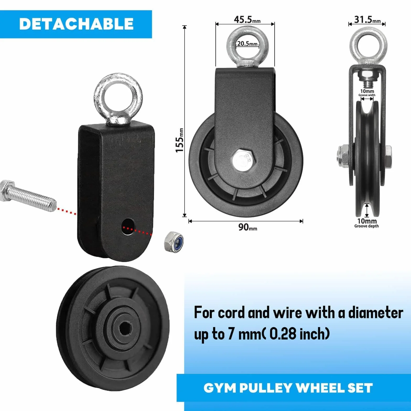 Rolka zwrotna 90 mm do lin 10 mm | udźwig 160 kg, funkcja obrotu 360° i niska głośność | Do urządzeń fitness, leśnictwa, domowego fitness i majsterkowania (2 sztuki)