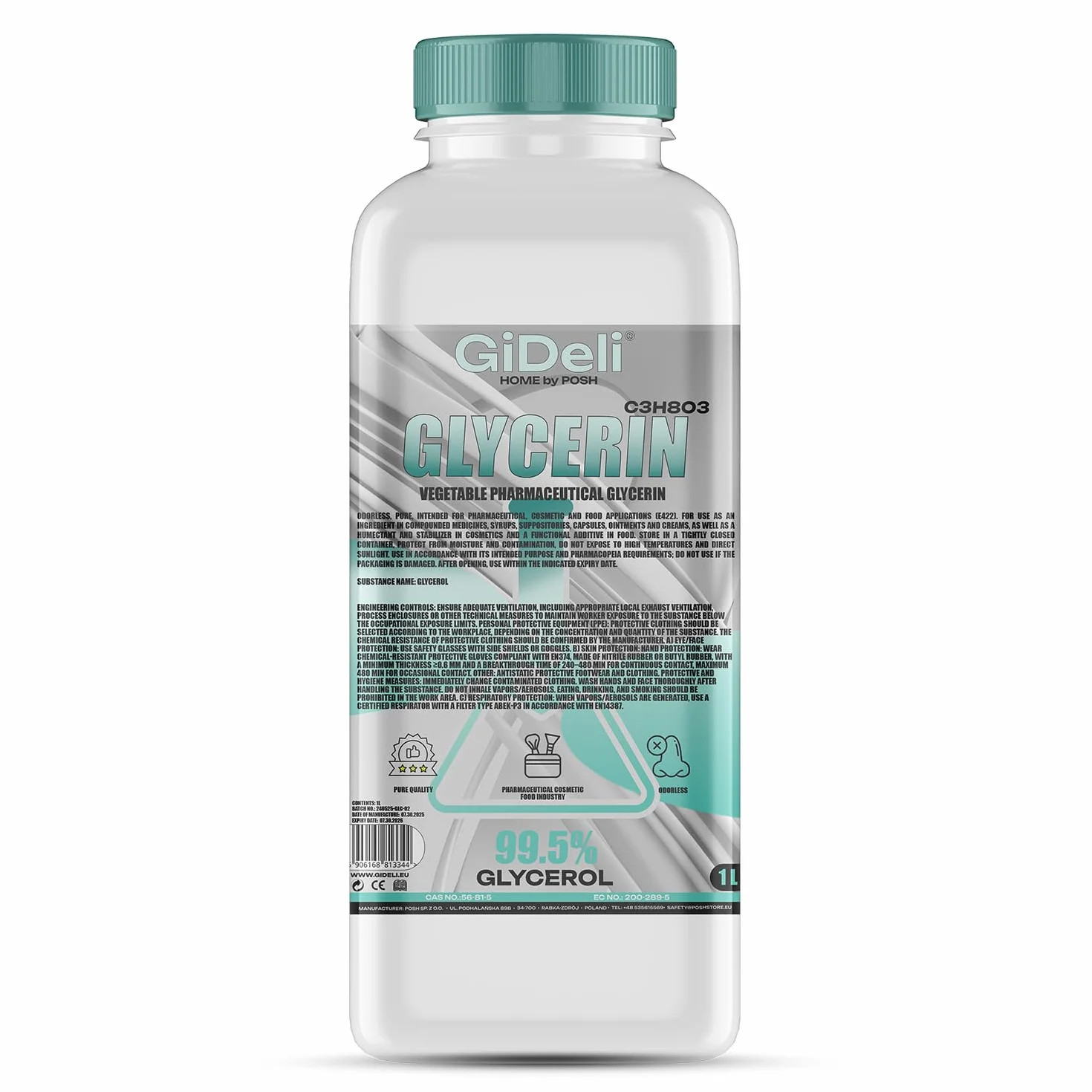 GiDeli Gliceryna 99,5% czysta 1 l gliceryna VG jakość farmaceutyczna E422 roślinna, wegańska, bezbarwna, bezzapachowa