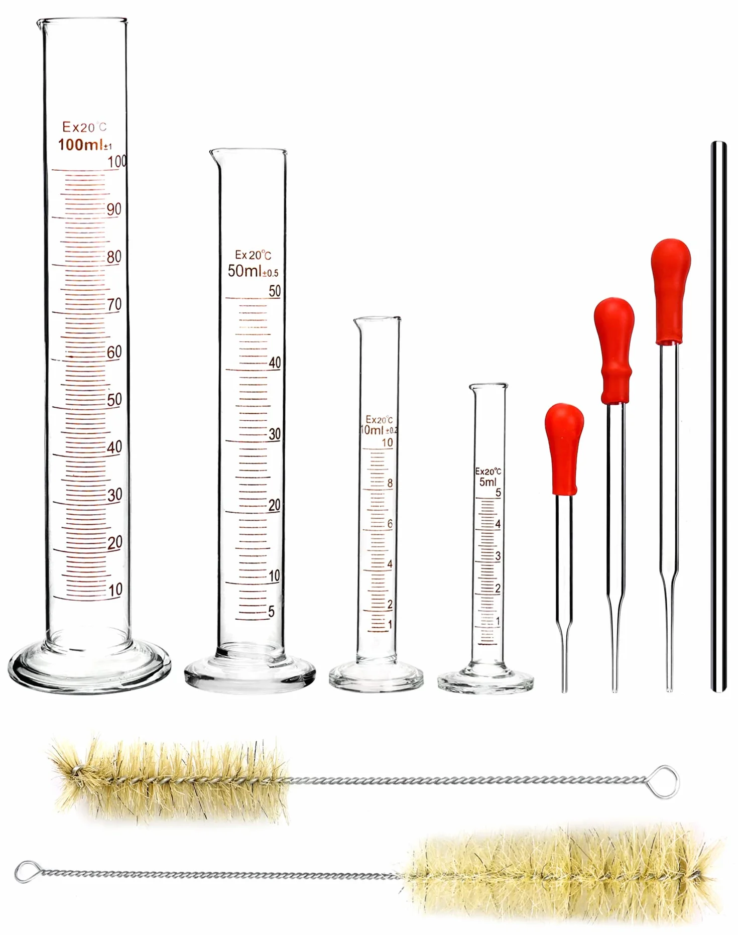 QWORK Szklany cylinder z podziałką 5 ml 10 ml 50 ml 100 ml z pipetami szczotką do probówek i prętem do mieszania