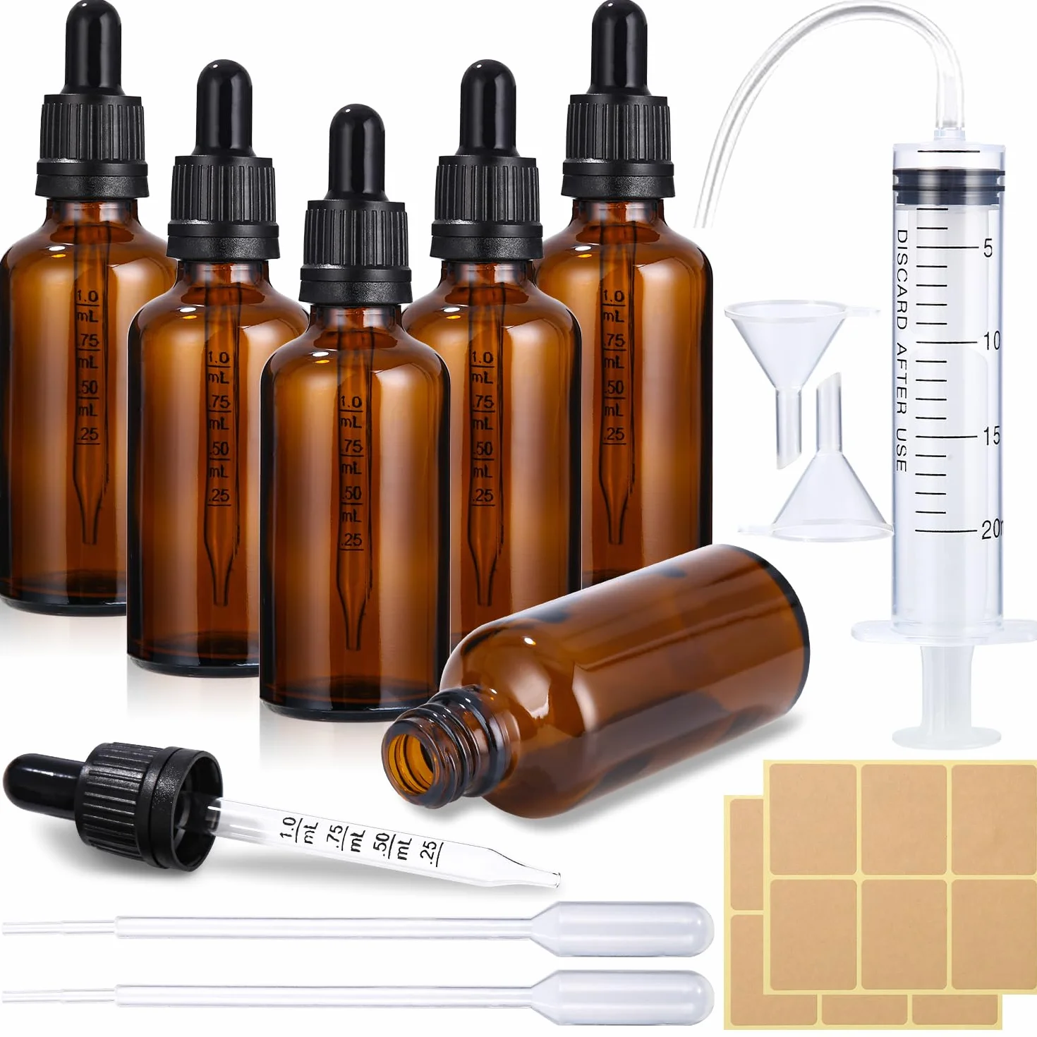6szt 50ml bursztynowa szklana butelka z pipetą, szklana butelka z pipetą, butelka aptekarska, bursztynowa szklana butelka z pipetą, butelka z zakraplaczem, z naklejką lejka i etykietą Dropping Bottles
