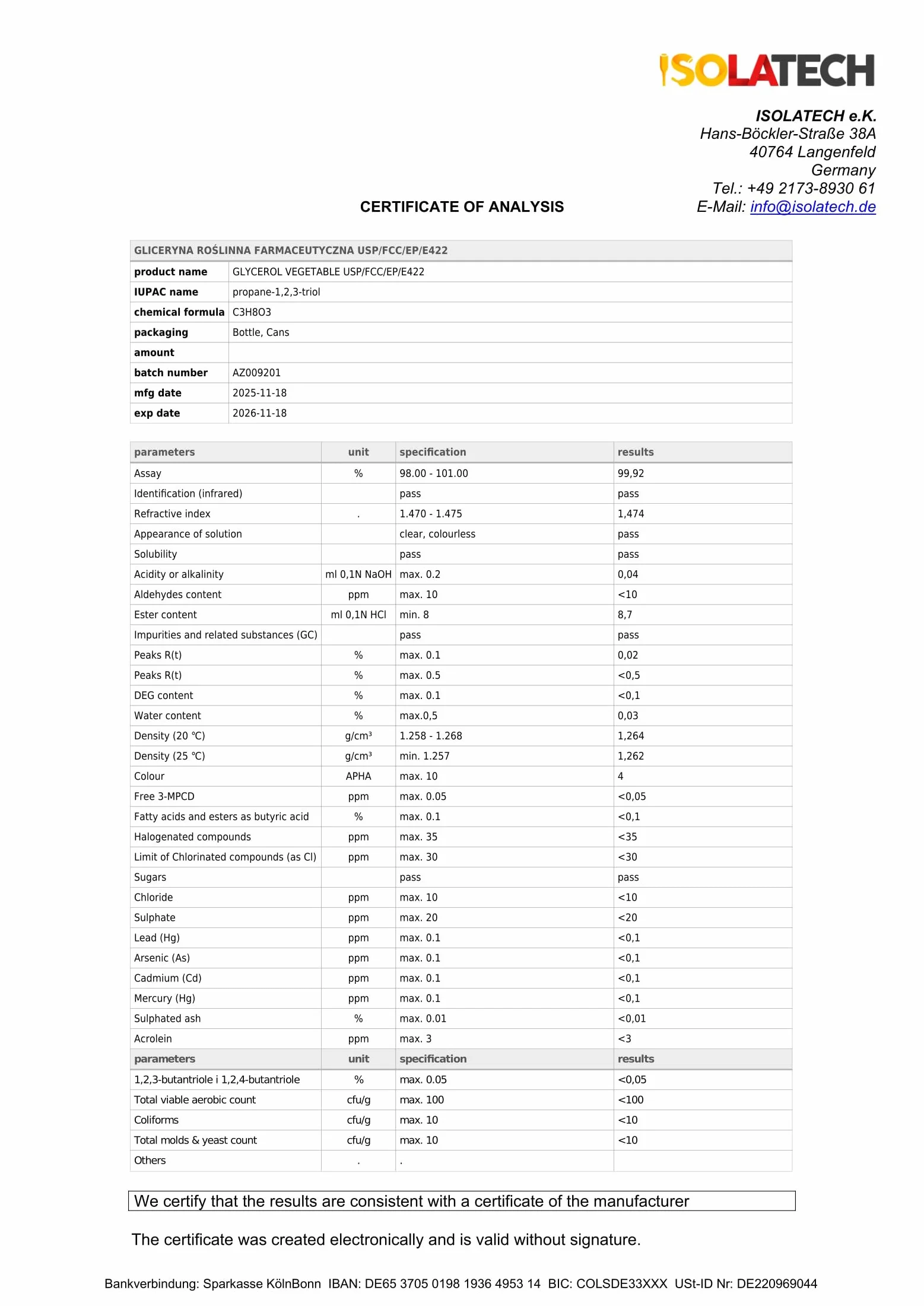 ISOLATECH Gliceryna 99,5% 1 l, jakość farmaceutyczna made in Germany, mierzona w 99,98% czysto roślinna, gliceryna glicerolowa, przezroczysta, 2 x 500 ml butelka (zawartość 2 x 600 g)