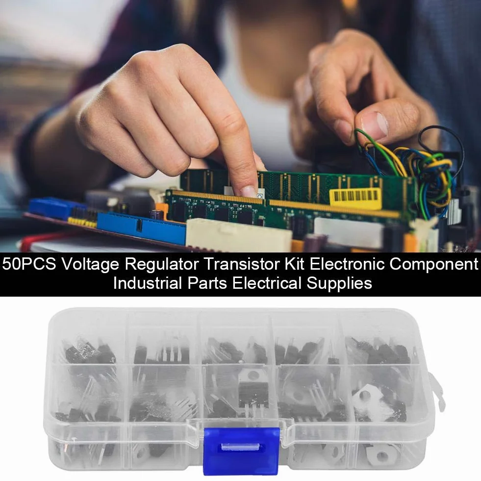 Zestaw tranzystorów, 50 szt. zasilania tranzystorów asortyment regulator napięcia stabilizator pudełko zestaw praktyczny komponent elektroniczny części przemysłowe